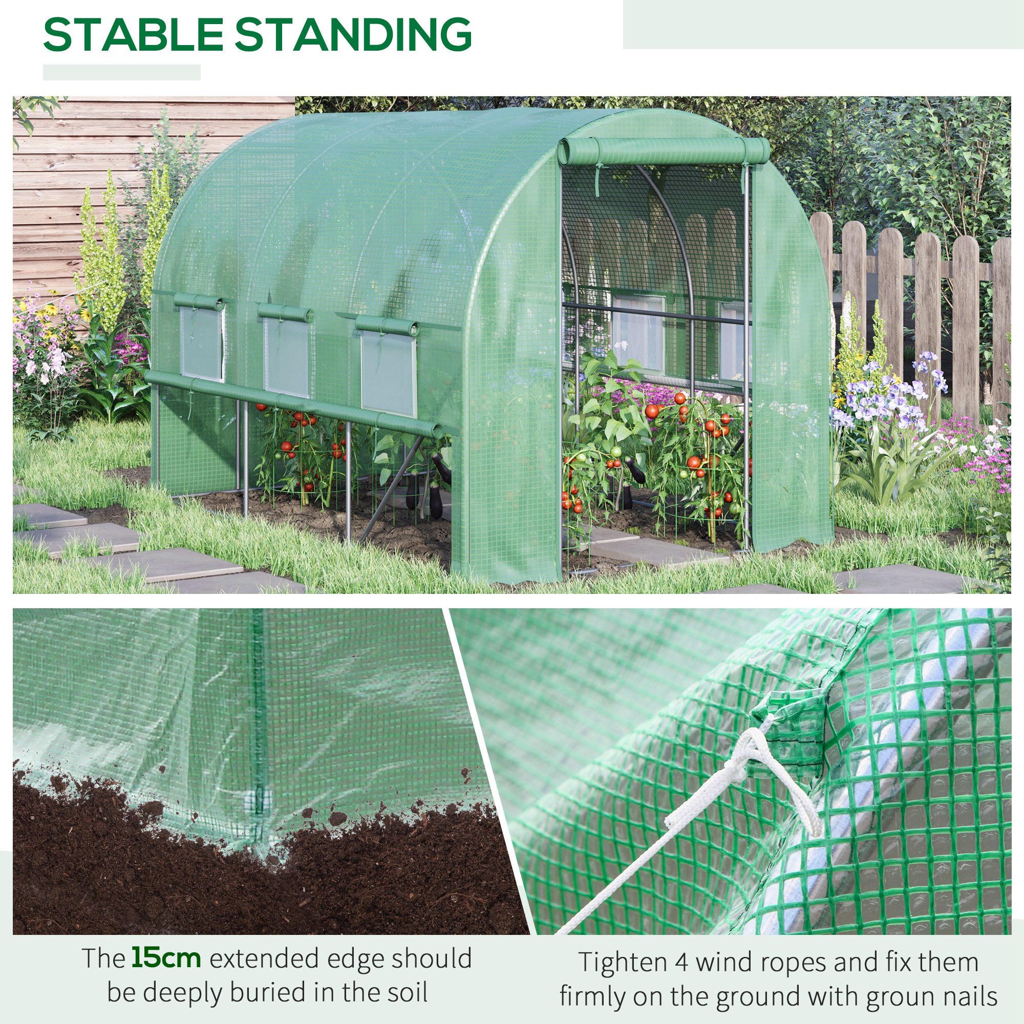 Outsunny Walk-in Polytunnel Greenhouse Green House with Roll-up Sidewalls, UV-resistant PE Cover, 3 x 2 x 2m, Green 6