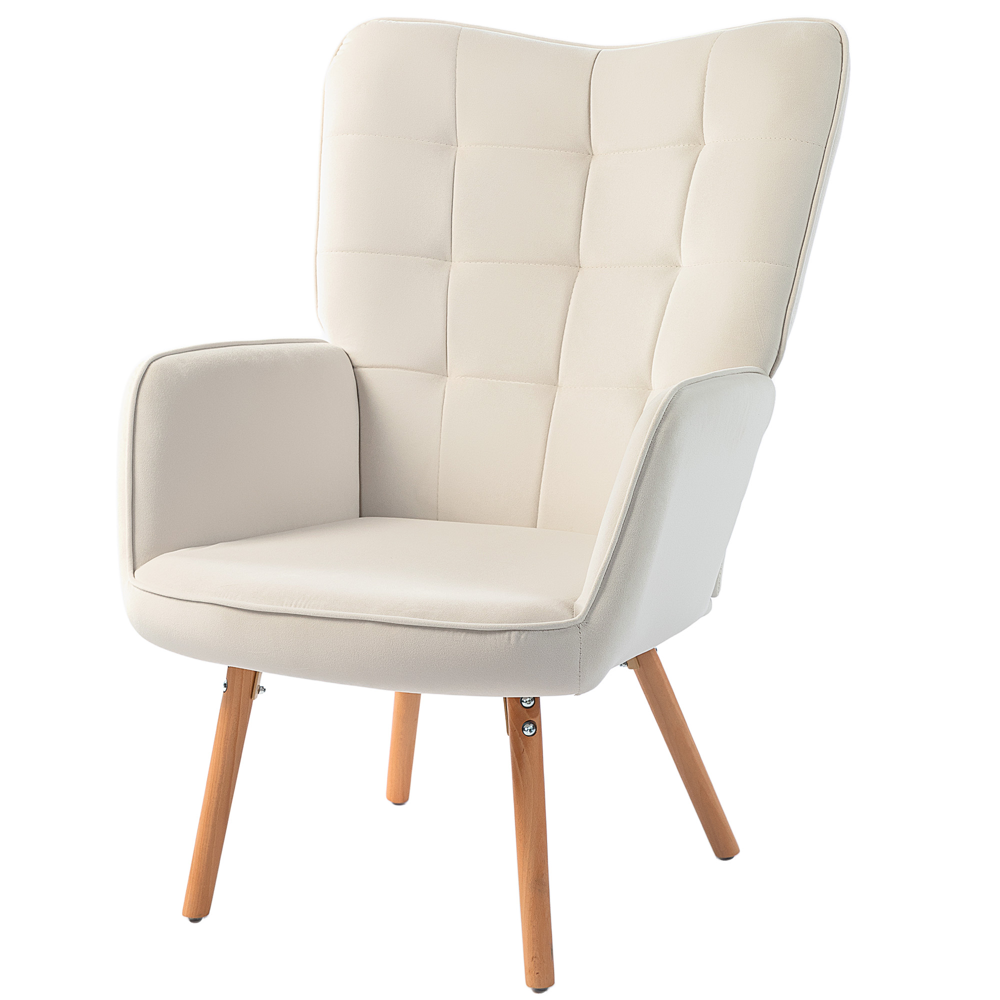 HOMCOM Modern Accent Chair, Upholstered Tufted Wingback Armchair with Seat Padding, Velvet Leisure Lounge Bedroom Chair with Wood Legs, Cream White 9