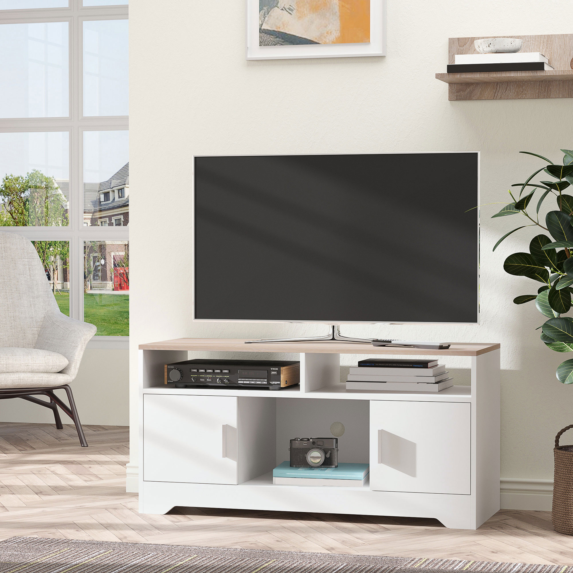 HOMCOM TV Stand Cabinet up to 50", Modern TV Unit with Storage, Open Shelves and Cable Management for Living Room, Bedroom, White 2