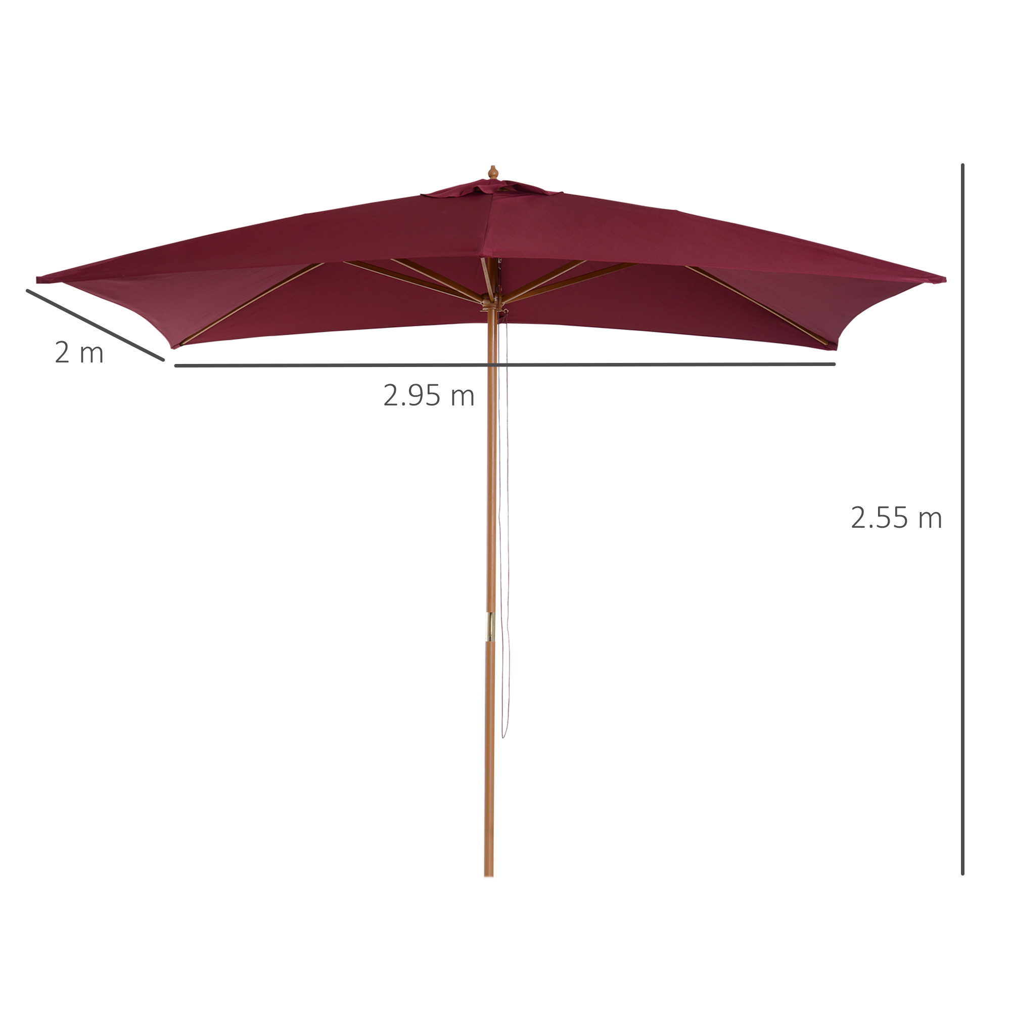 Outsunny 2 x 3m Wooden Garden Parasol Umbrella Outdoor Sun Shade Canopy, Wine Red 3