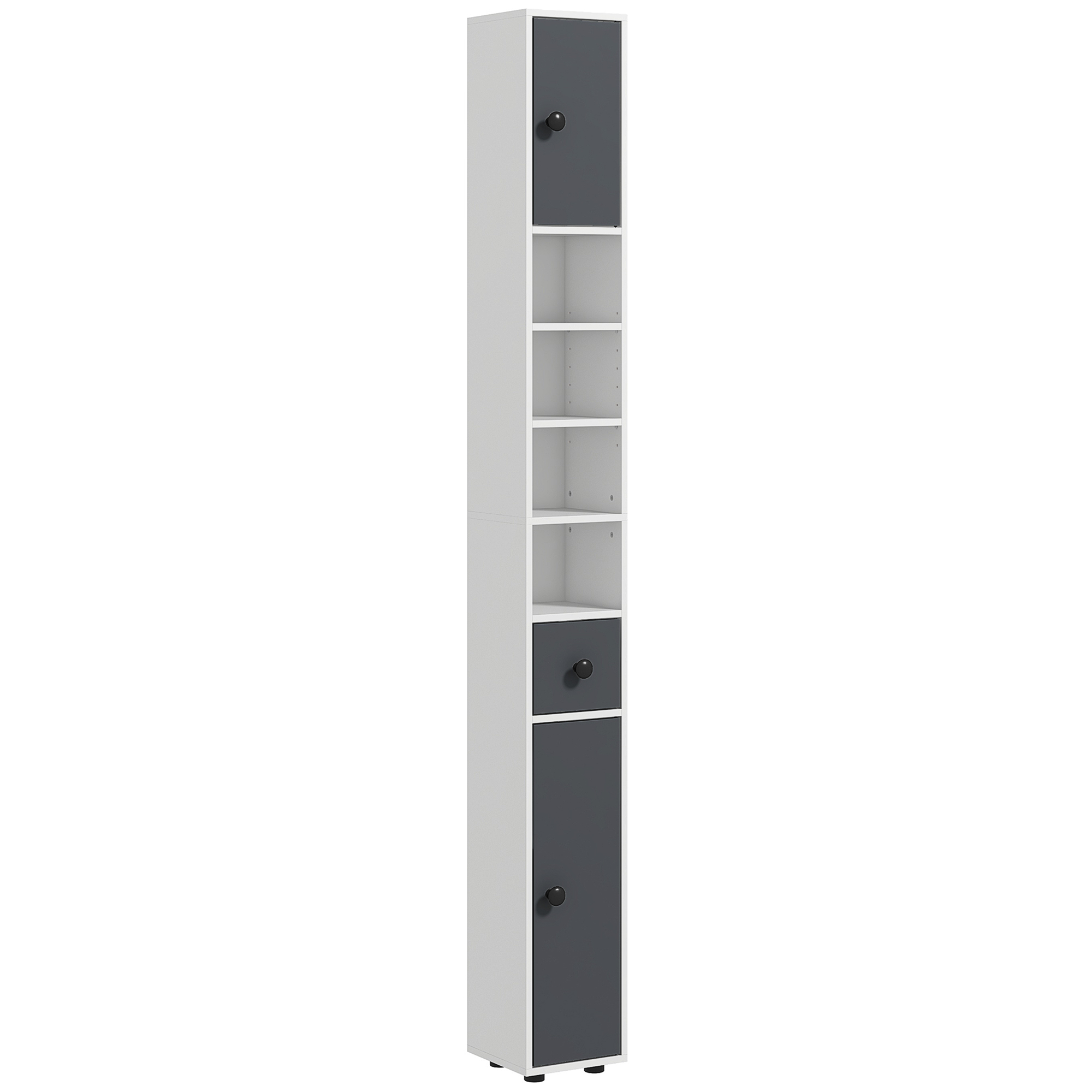 kleankin Columna de Baño con 1 Cajón 5 Estantes y 2 Puertas para Salón Dormitorio Carga 30 kg 20x20x180 cm Gris