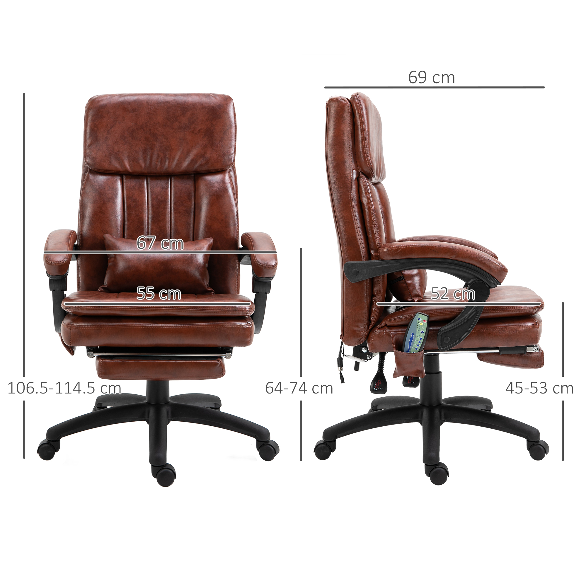 Vinsetto PU Leather Office Chair with 7 Point Vibrating Massage, Computer Desk Chair with Footrest, Adjustable Height, Reclining Back, Brown 3