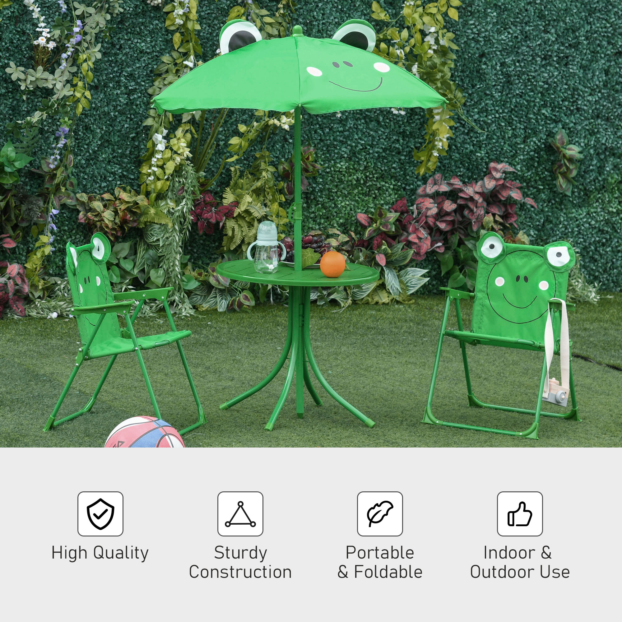 Outsunny Kids Folding Picnic Table Chair Set w/ Parasol, Green 5