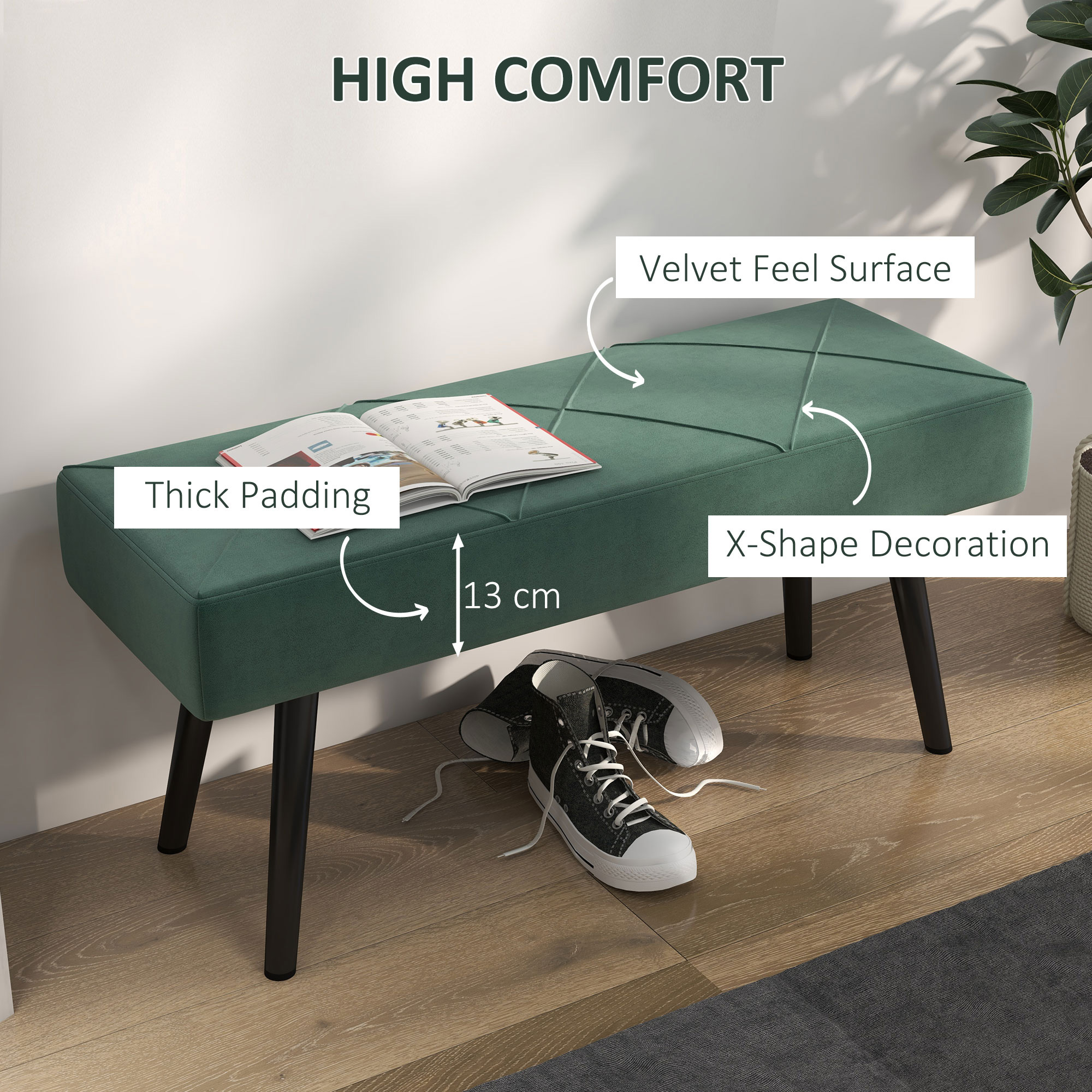 HOMCOM End of Bed Bench with X-Shape Design and Steel Legs, Upholstered Hallway Bench for Bedroom, Green 4