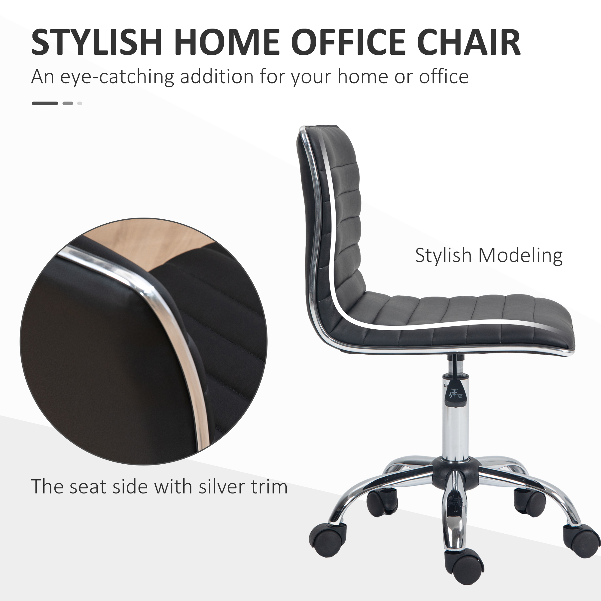 HOMCOM Armless Task Desk Chair, Swivel Office Chair with Faux Leather, Adjustable Seat Height, Chrome Base, Wheels for Home, Black 5