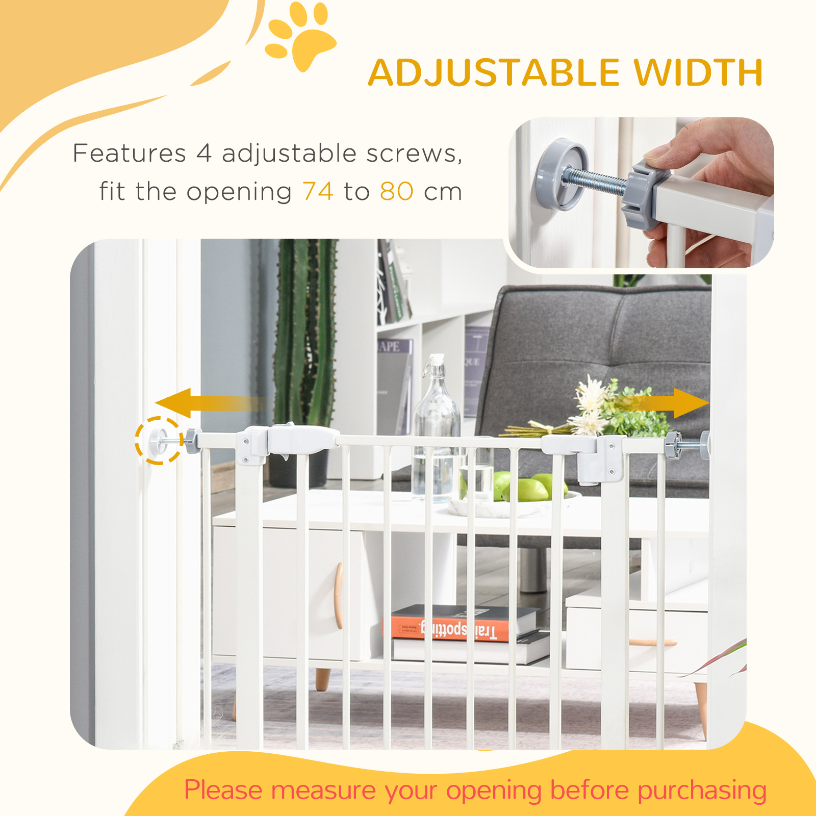 PawHut Pressure Fit Safety Gate, Adjustable Dog Gate, Pet Barrier for for Doorways, Staircases and Hallways with Auto Close, Double Locking, Opening 74-80cm, White 7