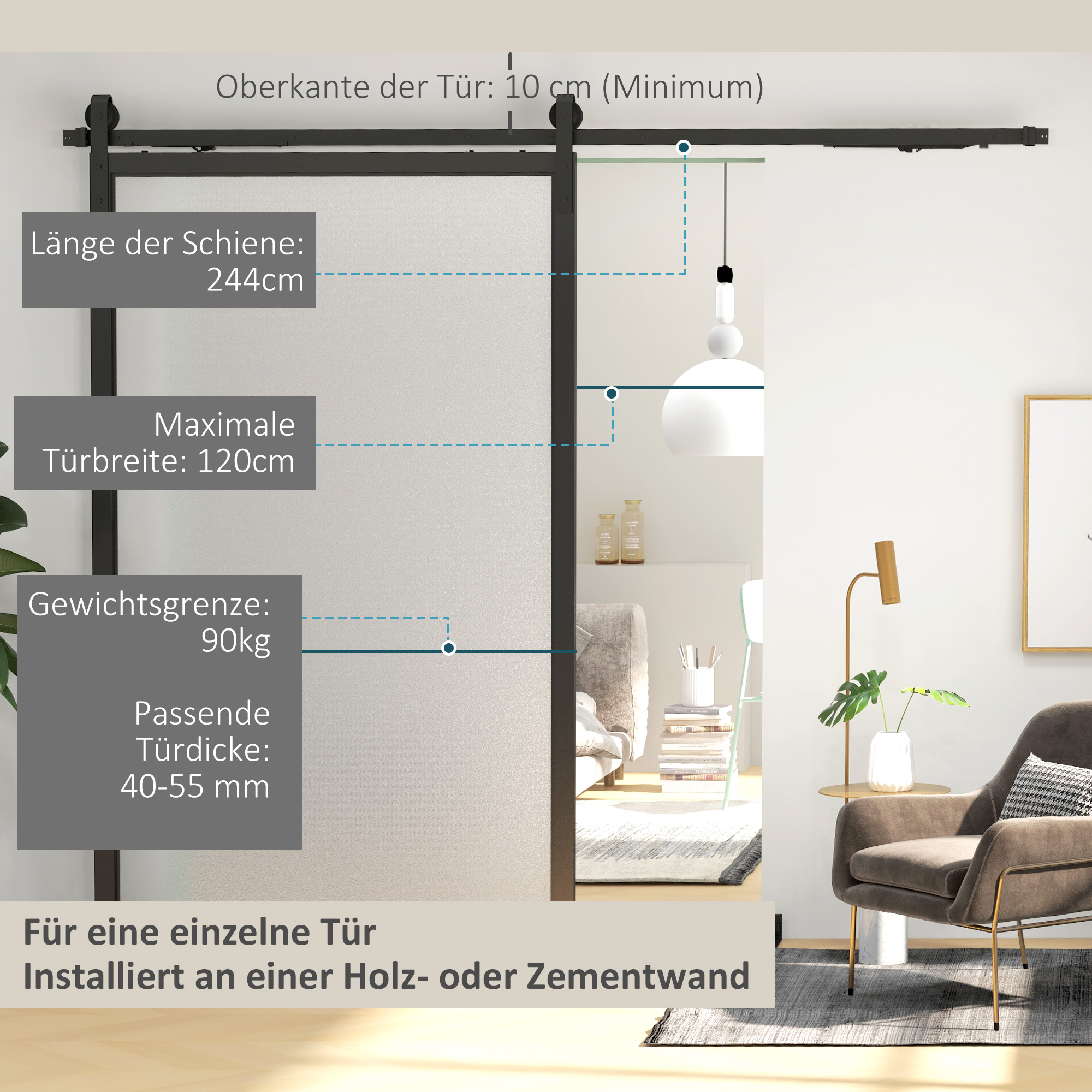Lükandukse komplekt, vaikne ja sujuv töö, puit- ja betoonseintele, 244 cm, teras, must