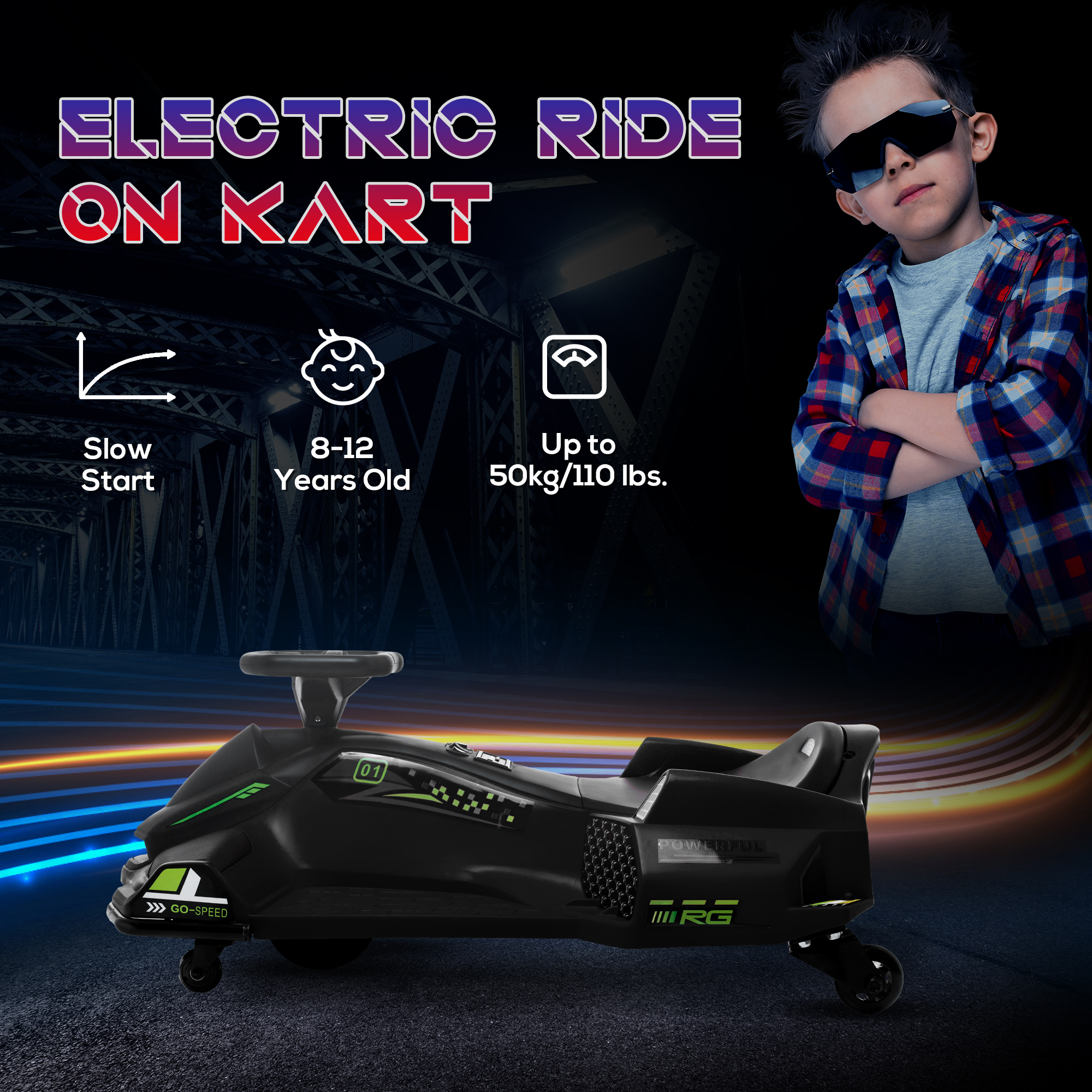 HOMCOM 12V Kids Electric Go Kart with Music, LED Lights, Slow Start, Black 7