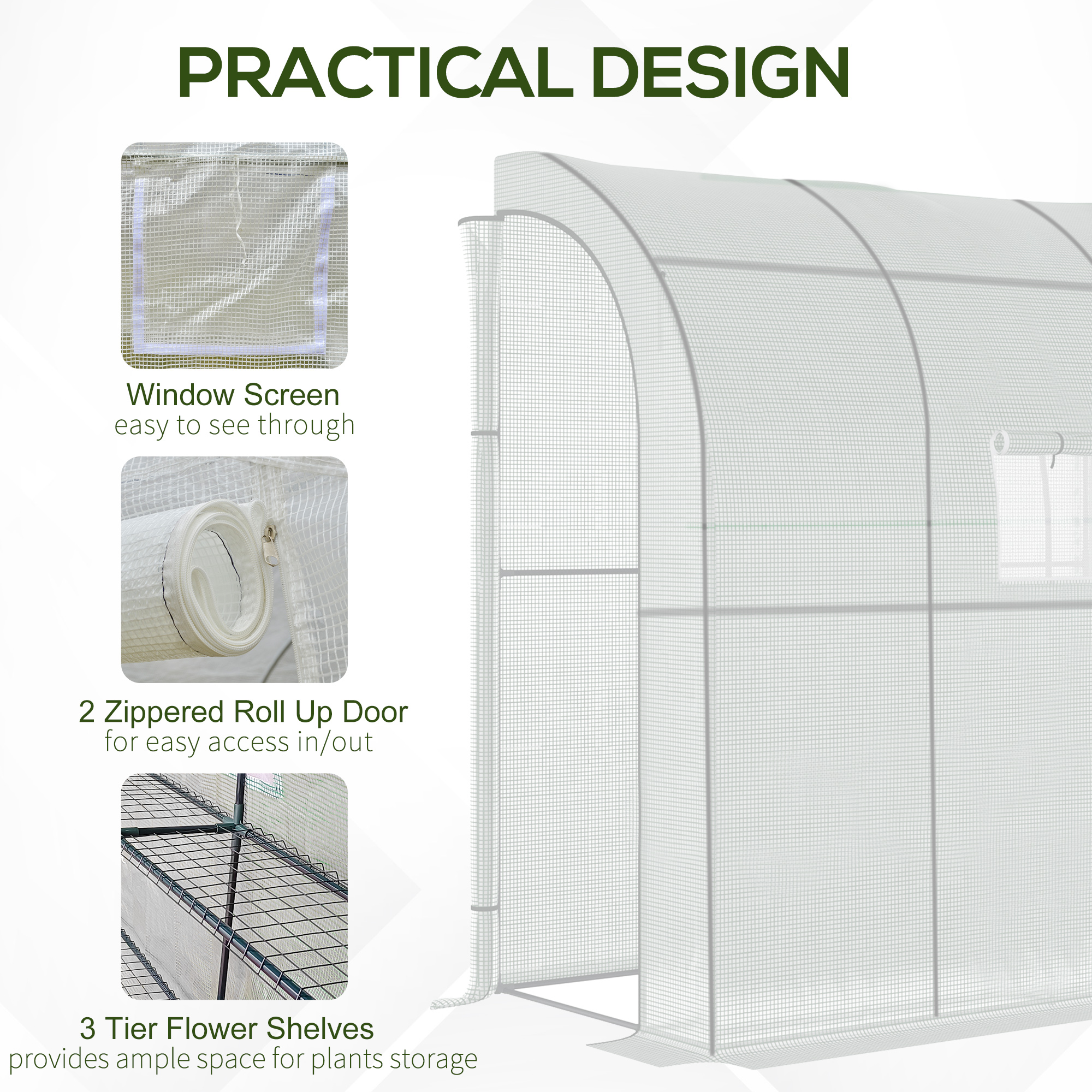Outsunny Walk-In Lean to Wall Greenhouse with Windows and Doors, Outdoor Green House with 3 Tiers 4 Wired Shelves, 200L x 100W x 215Hcm, White 6