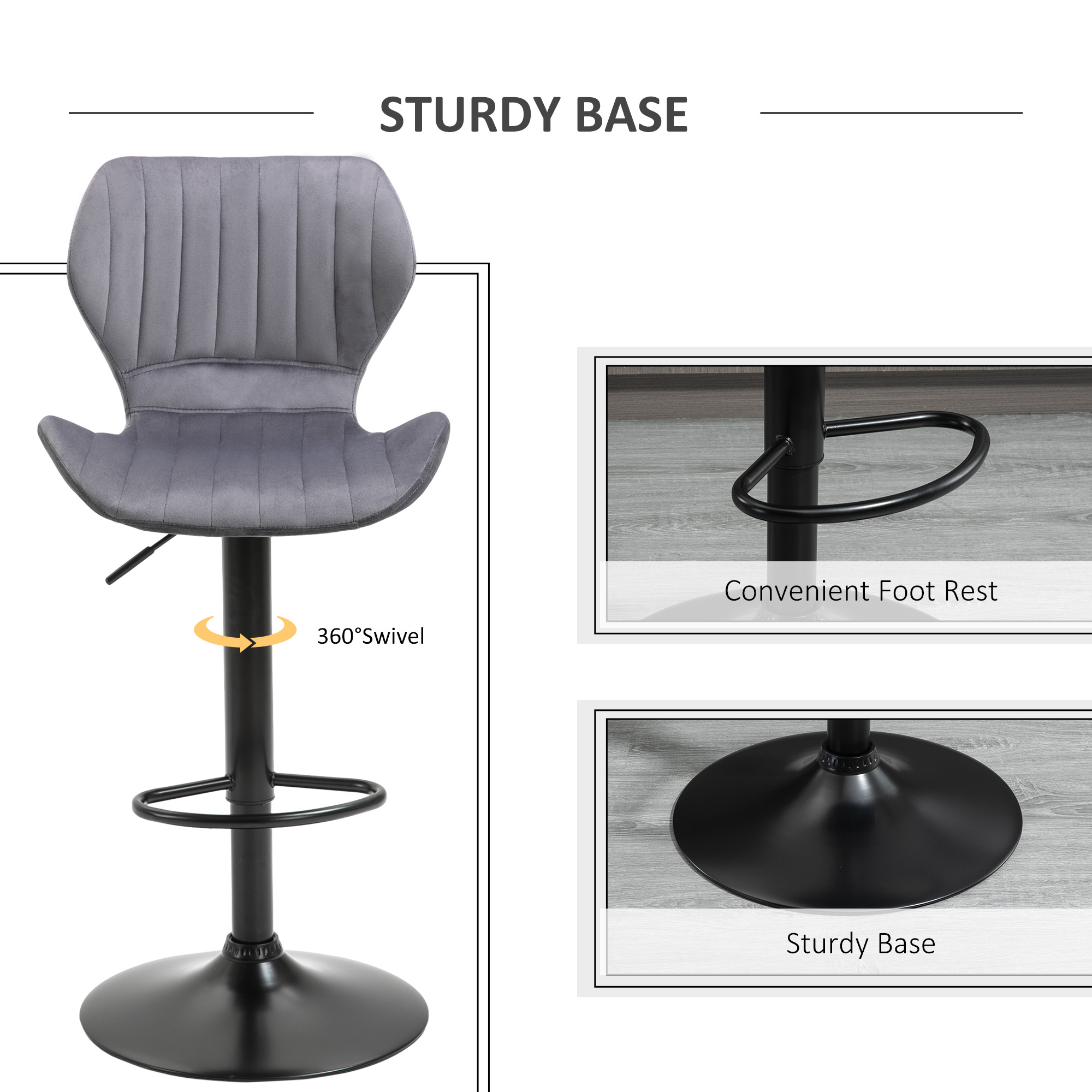 HOMCOM Bar Stool Set of 2 Velvet-Touch Fabric Adjustable Height Swivel Counter Chairs with Footrest, Grey 5