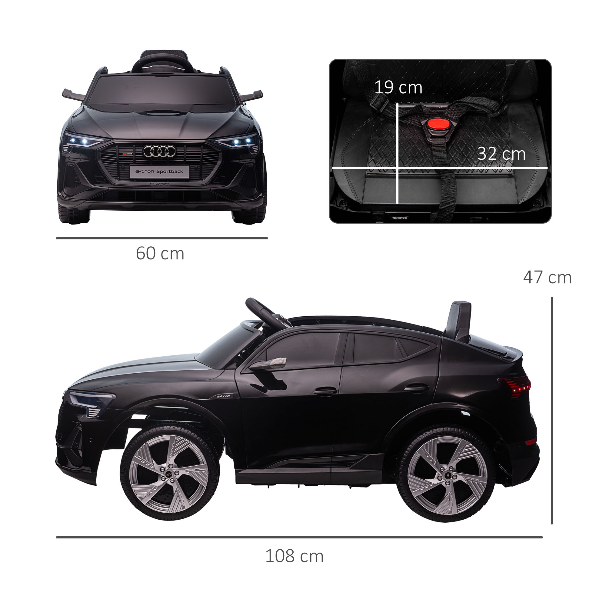 Elektriline lasteauto 12V elektrisõiduk Audi E-tron elektriauto puldiga, turvavöö, muusikaga (MP3/USB/TF), lastesõiduk lastele vanuses 3-5 aastat, 3-5 km/h, must