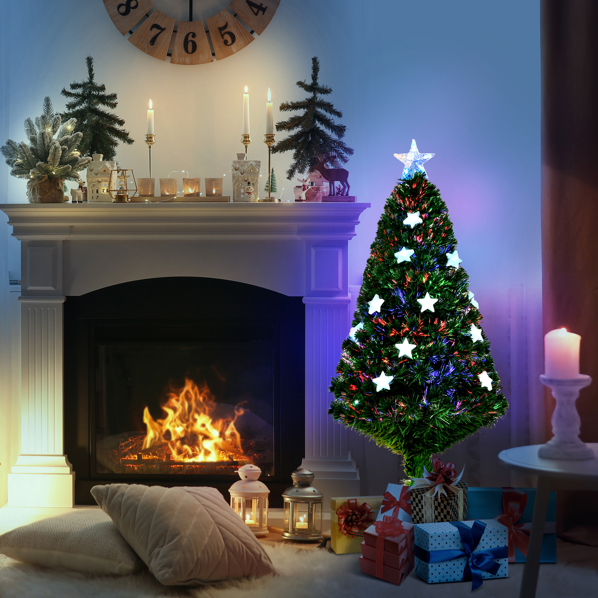 HOMCOM 4FT Prelit Artificial Christmas Tree Fibre Optic Star LED Light Holiday Home Xmas Decoration with LED Light for Indoor Party, Green 2