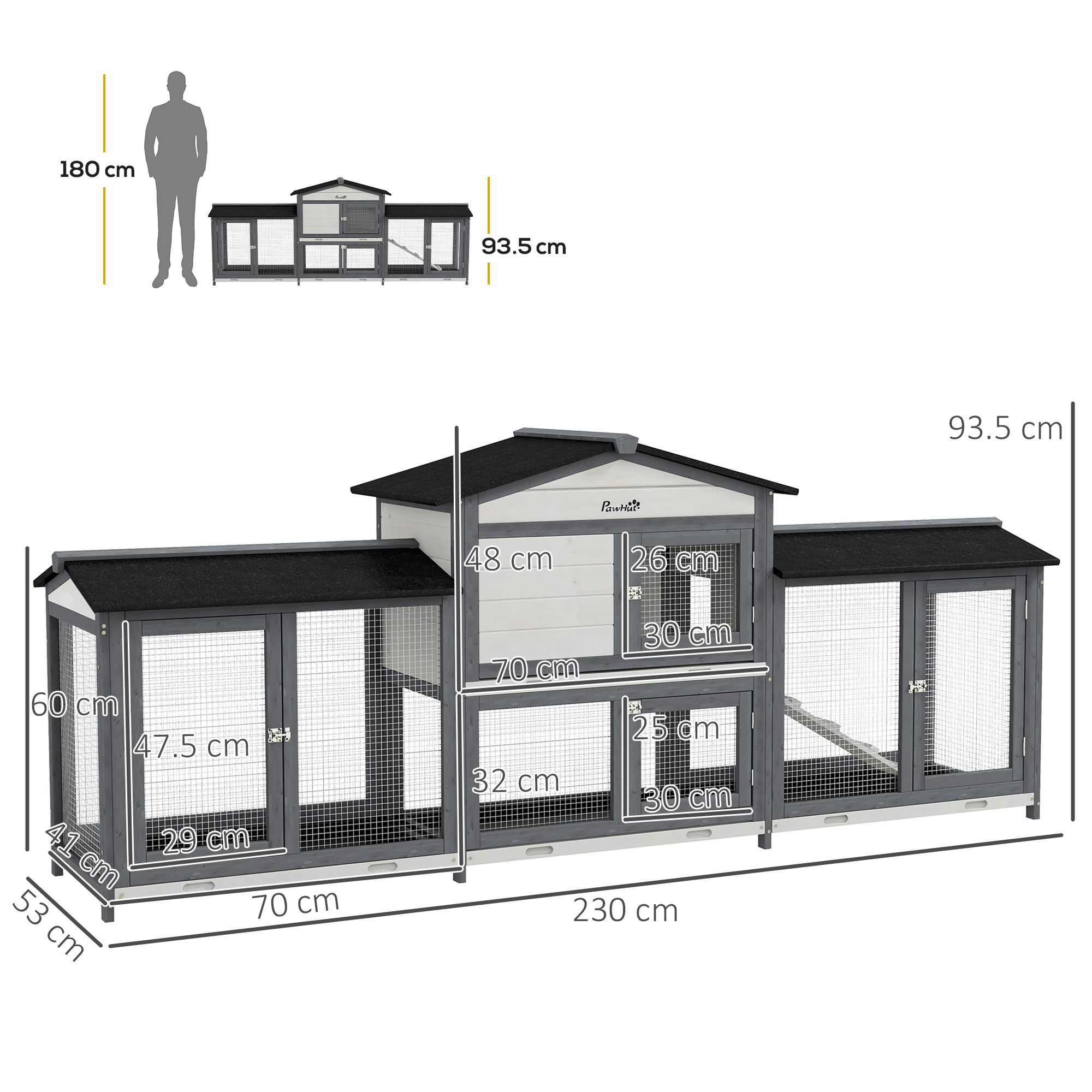 PawHut 2-Tier Large Rabbit Hutch Outdoor with Double Side Run Boxes, No-leak Plastic Tray, Ramp, 230 x 53 x 93.5cm, Light Grey 3