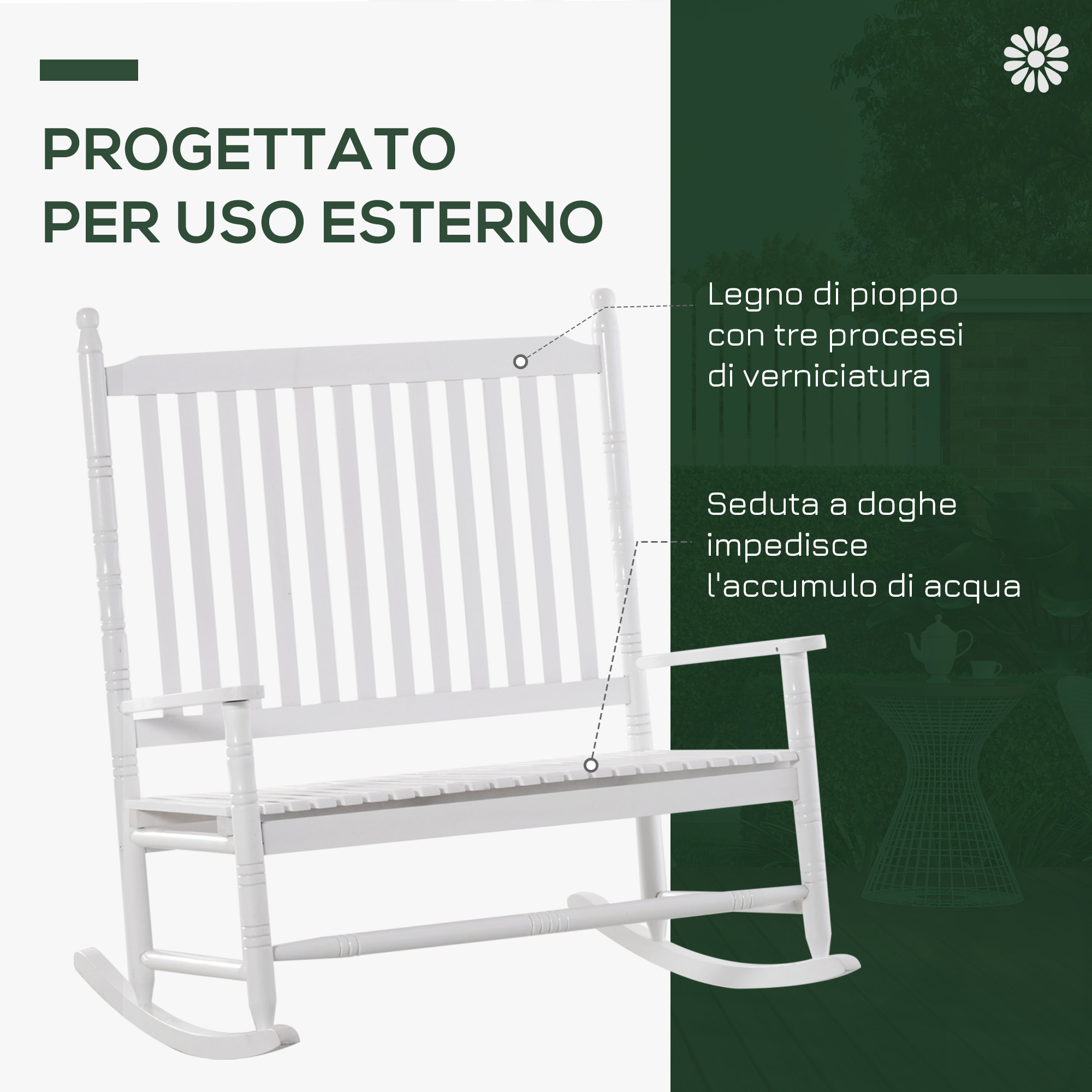 Panchina A Dondolo Outsunny 2 Posti - Legno Verniciato Bianco 117x85cm | Balcone Giardino Vintage - Foto 11