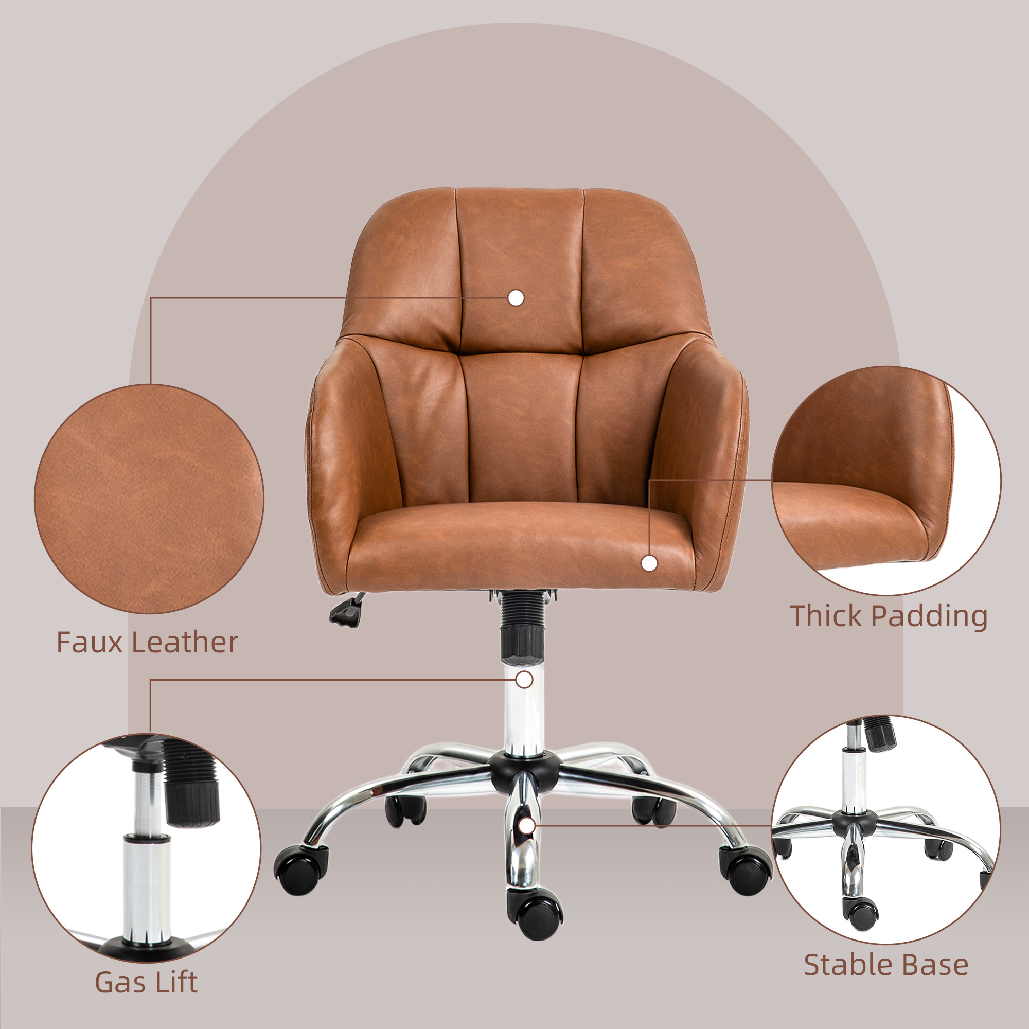 HOMCOM Faux Leather Tub Office Chair, with Wheels Brown 7