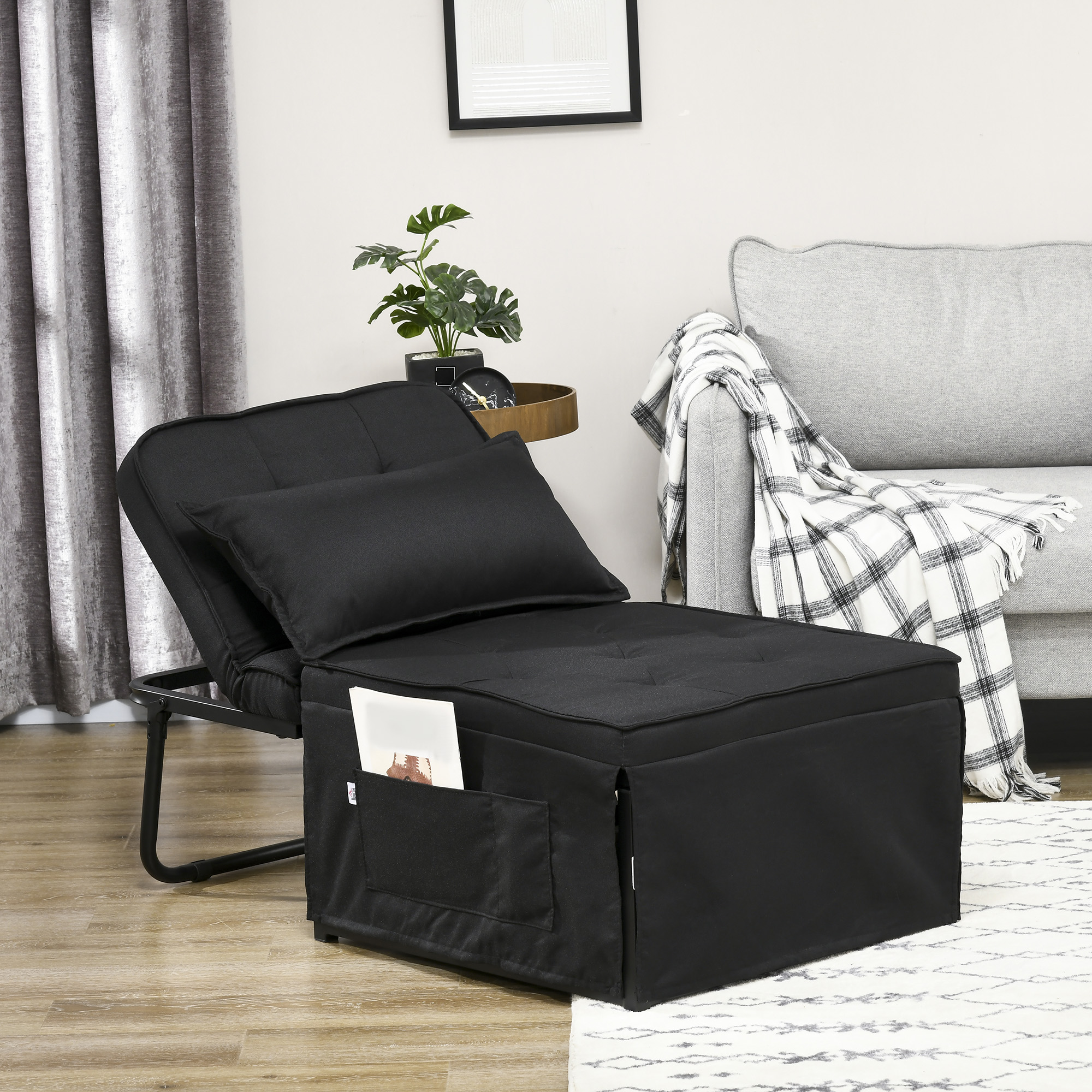 HOMCOM Fabric Sleeper Chair, Folding Chair Bed with Adjustable Backrest, Pillow, Side Pockets for Living Room, Black 2