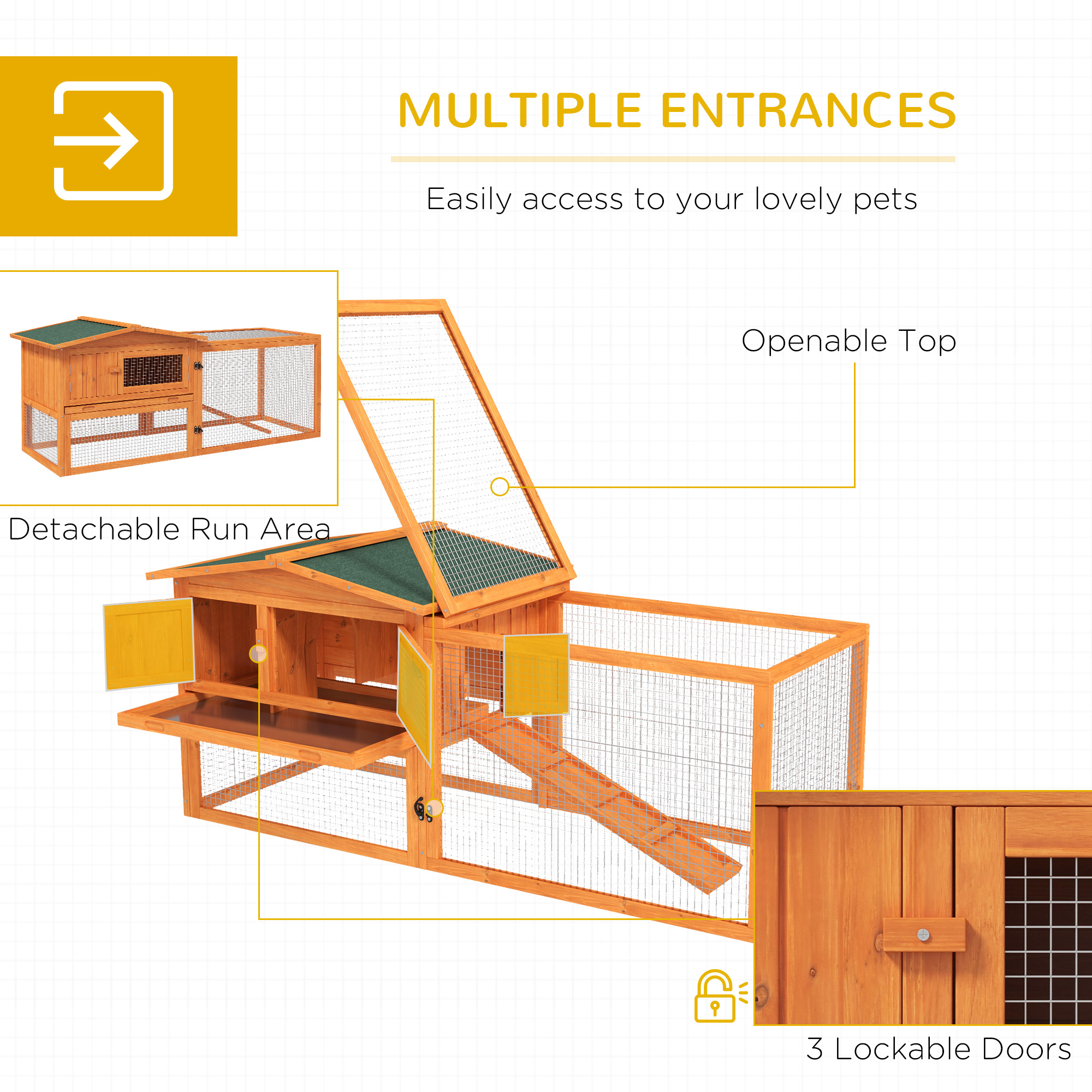 PawHut Rabbit Hutch with Run Wooden Guinea Pig Hutch Outdoor Bunny Cage Hide House with Sliding Tray, Hay Rack, Ramp, 156 x 58 x 68cm, Orange 4