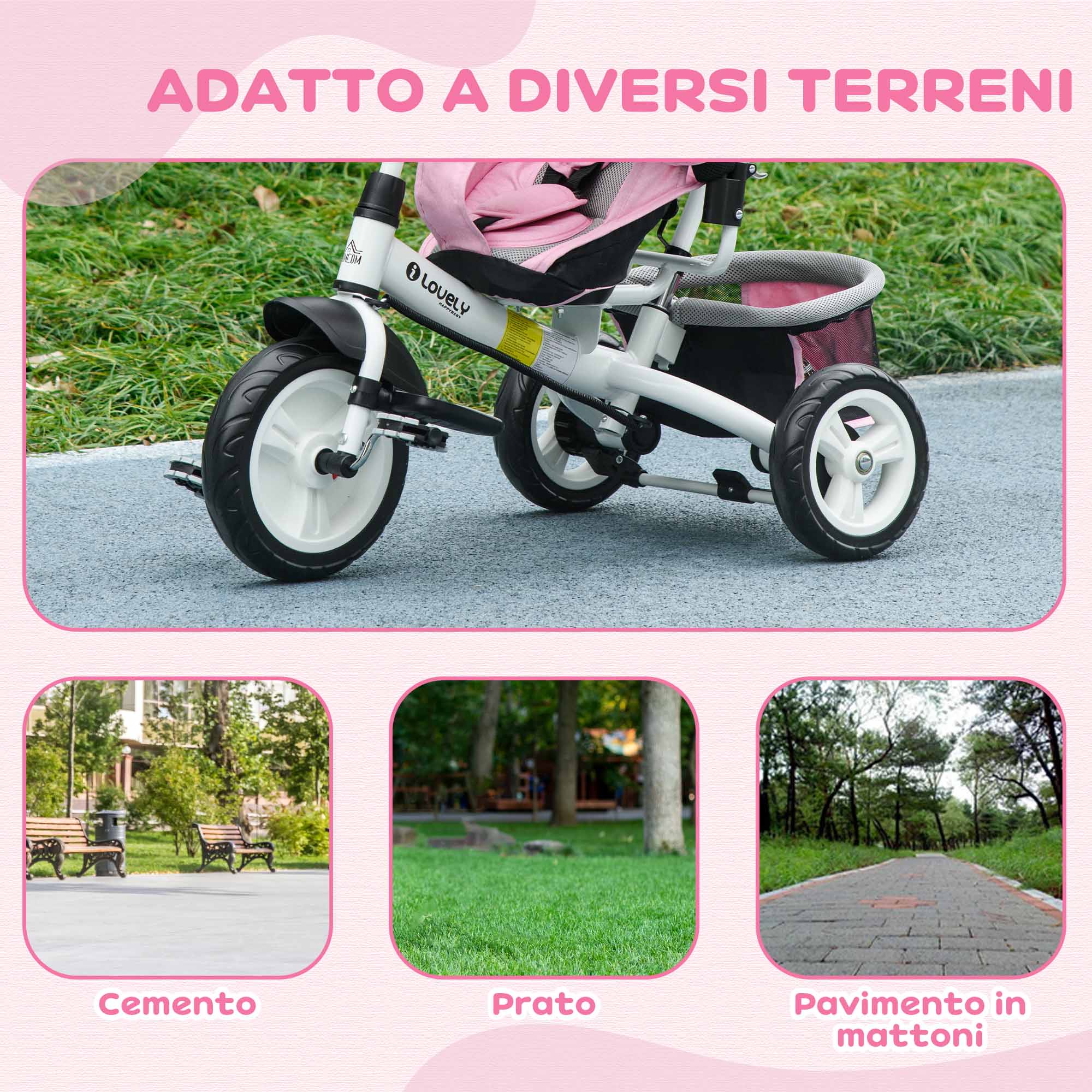 Triciclo Bambini 4 In 1 Pieghevole Con Maniglione - Bicicletta Per Età 1-5 Anni, Con Tettuccio E Barra Rimovibili - Foto 8