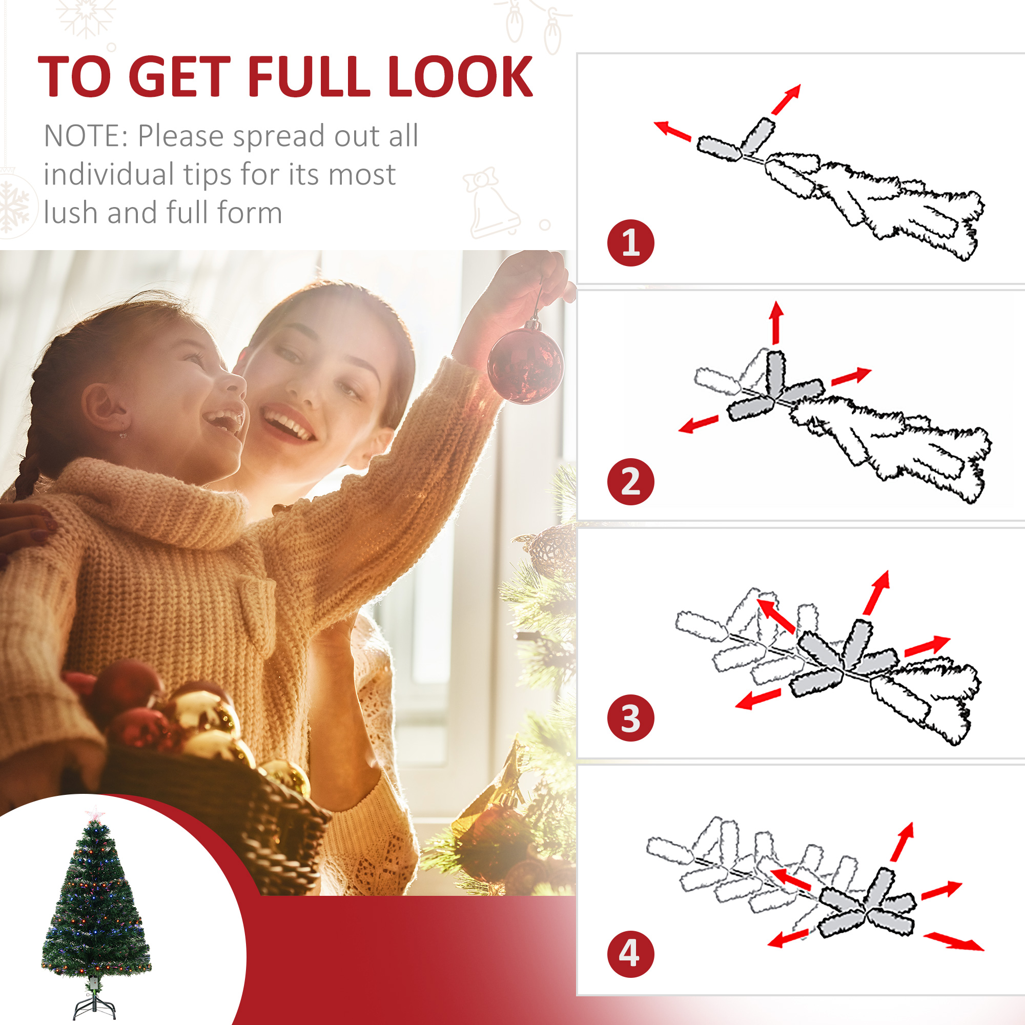 HOMCOM 4 Feet Prelit Artificial Christmas Tree with Multi-Coloured Fiber Optic LED Light, Holiday Home Xmas Decoration, Green 6