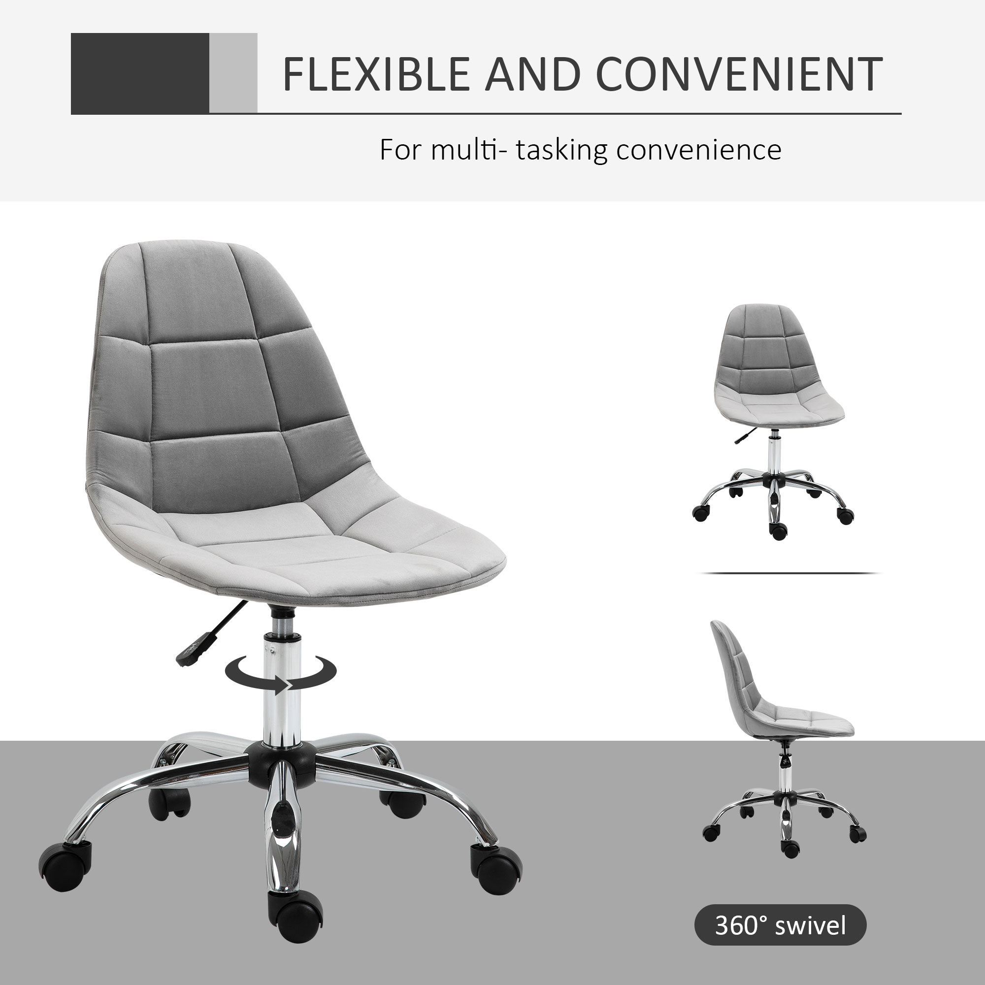 Vinsetto Ergonomic Office Chair with Adjustable Height and Wheels Velvet Executive Chair Armless for Home Study Bedroom Grey 5