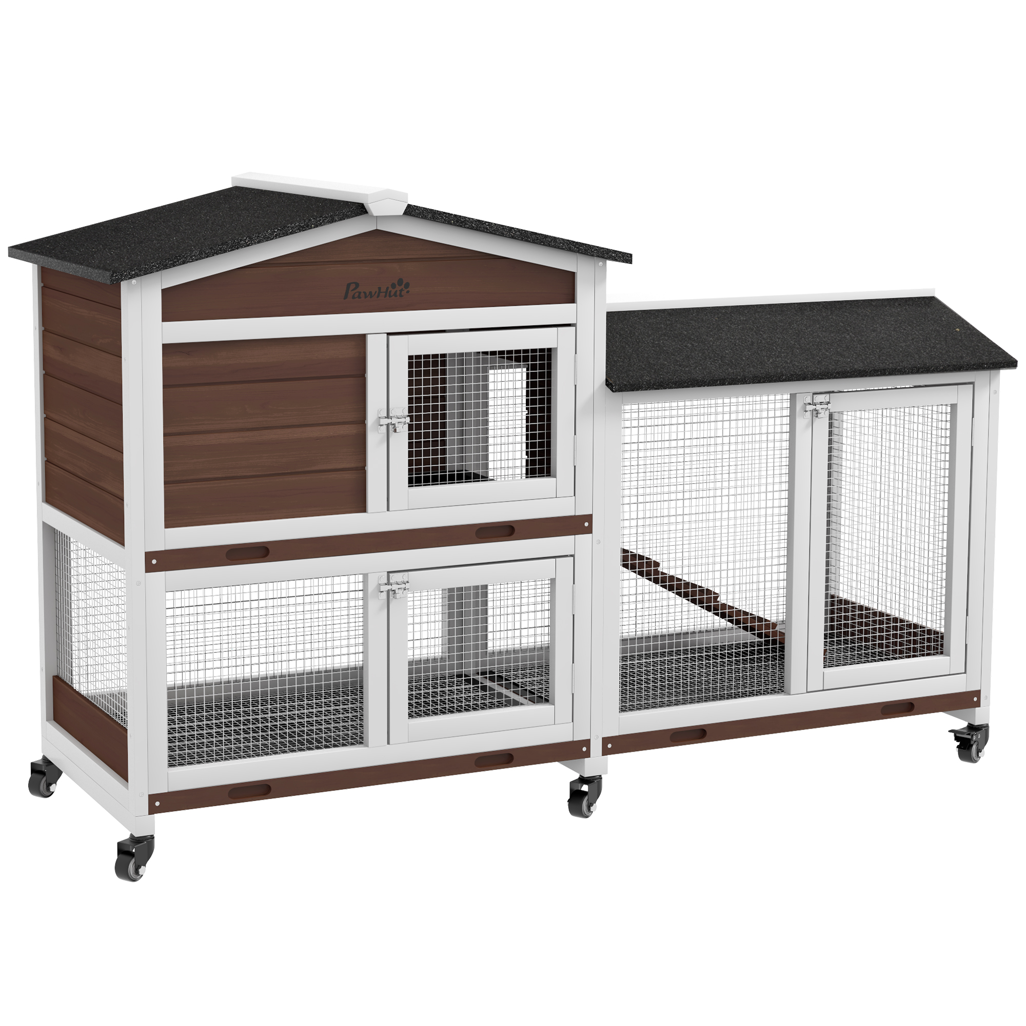 PawHut Wooden Rabbit Hutch, Guinea Pig Cage, with Wheels, Run, Slide-Out Tray, Ramp