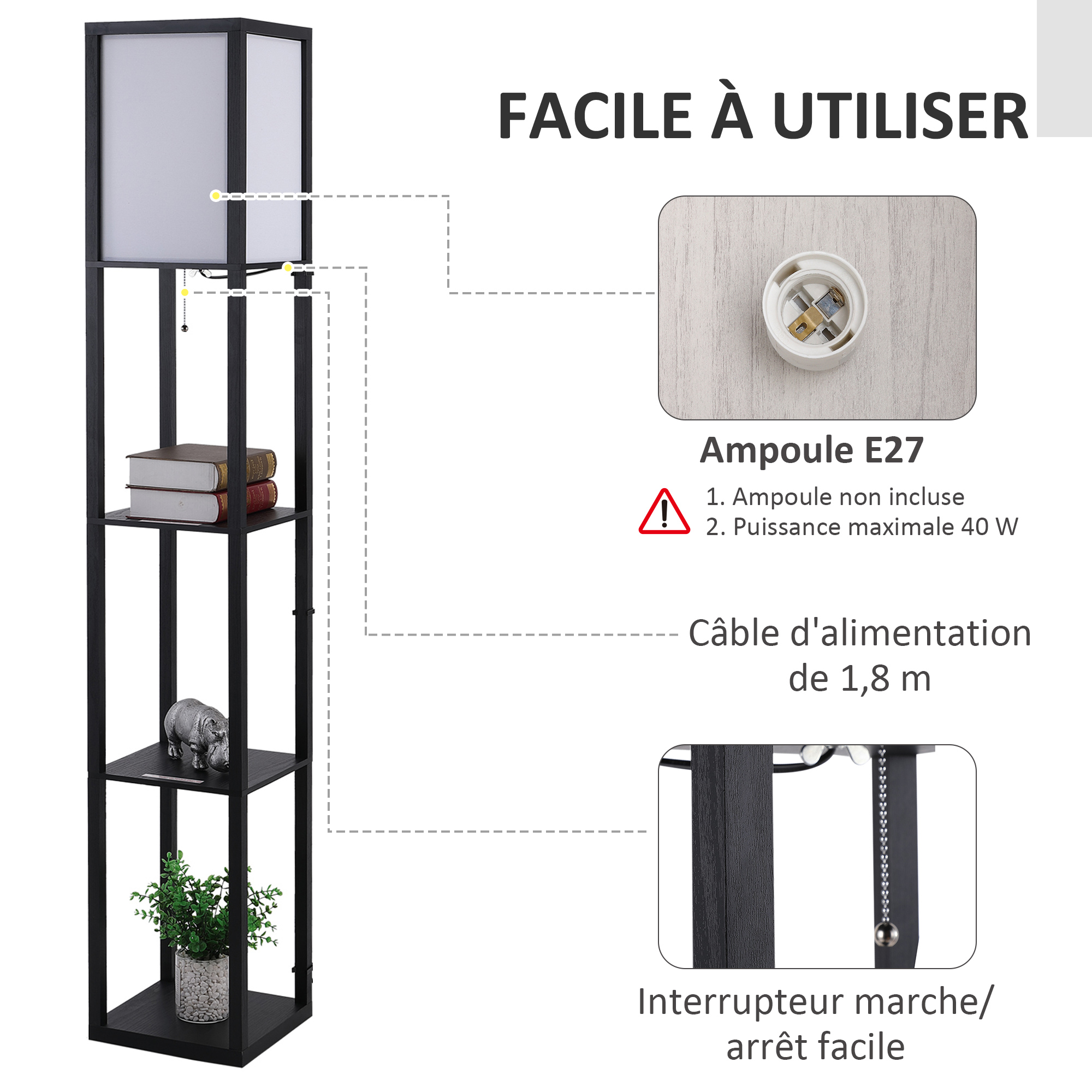 Étagère pour lampadaire, 26L x 26L x 160H cm, 3 étagères, 4 niveaux, MDF blanc