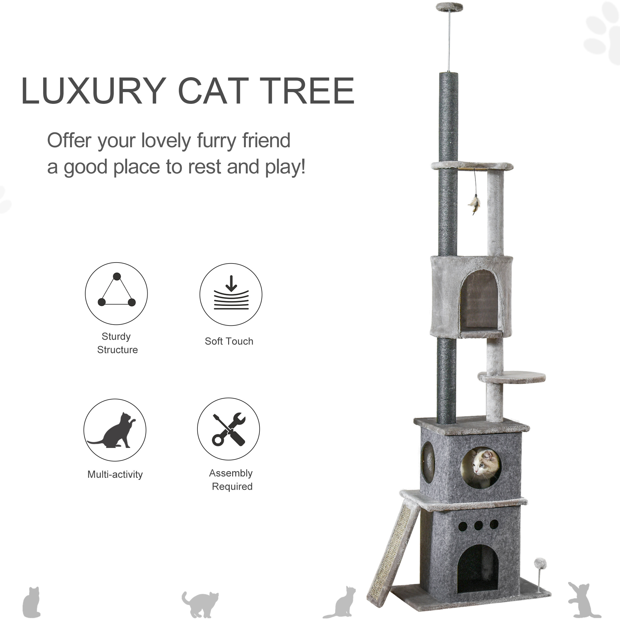 PawHut 255cm Floor To Ceiling Cat Tree for Indoor Cats Climber Scratching Post Adjustable Height Play Tower Removable Cover Grey 4