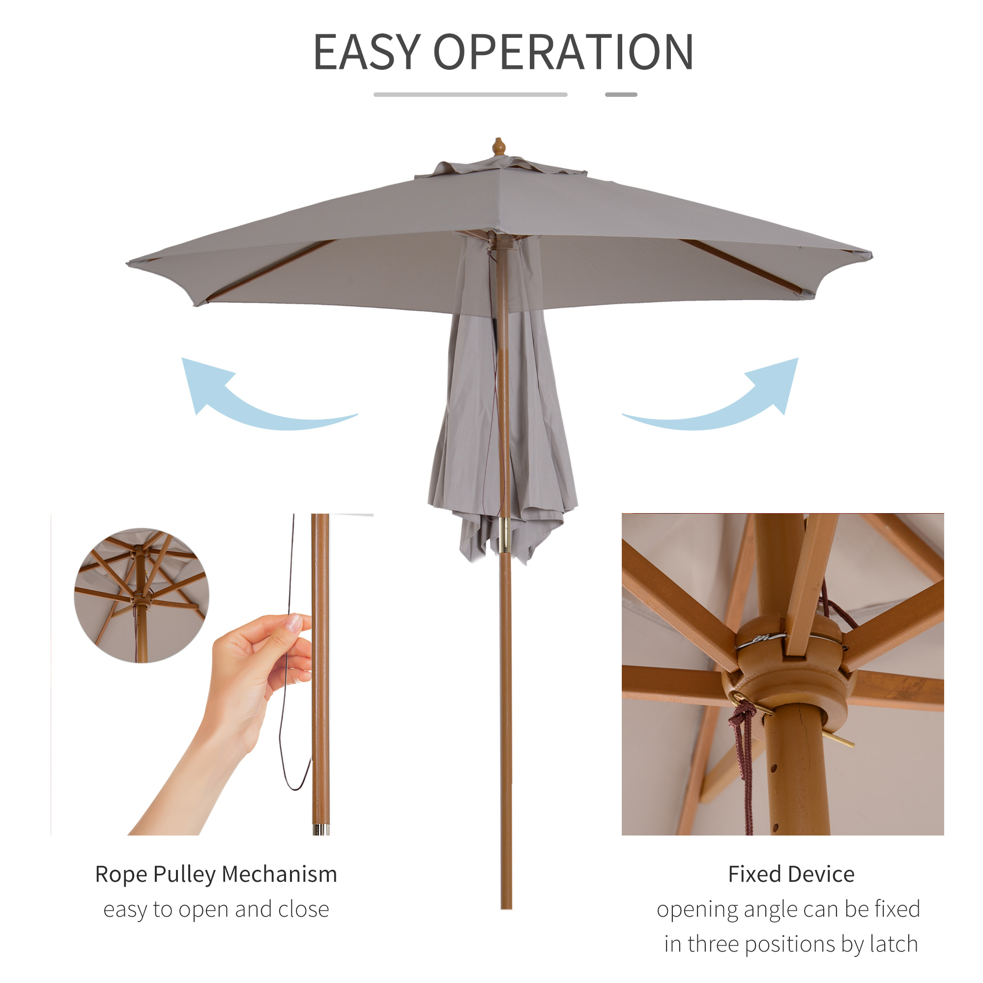 Outsunny 2.5m Wood Garden Parasol Sun Shade Patio Outdoor Wooden Umbrella Canopy, Table Market Umbrella with Vent, 38mm Pole, Rope Pulley Mechanism, Grey 5