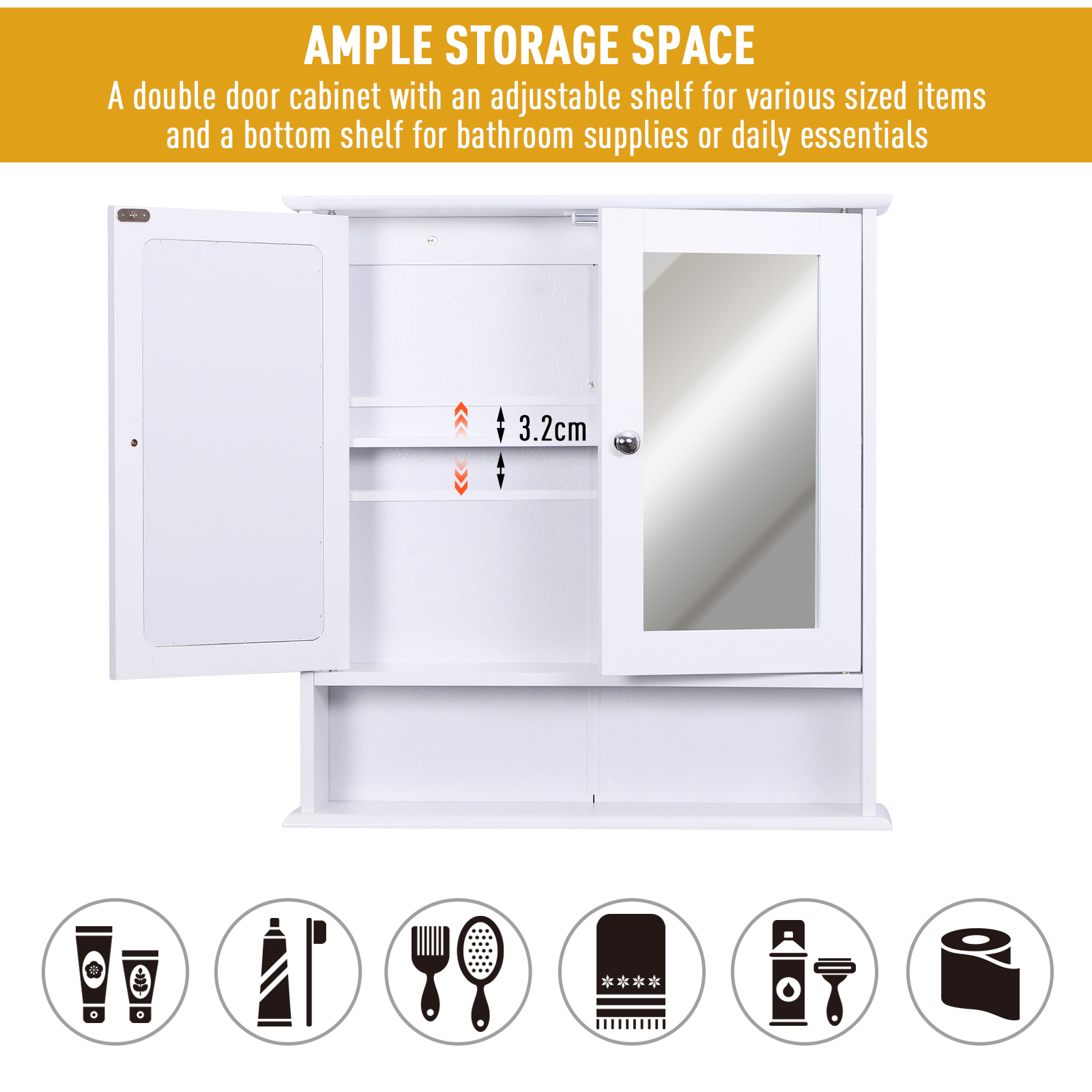 kleankin Wall-mounted Bathroom Cabinet Mirror Door Organiser Storage Shelves Living Room White 6
