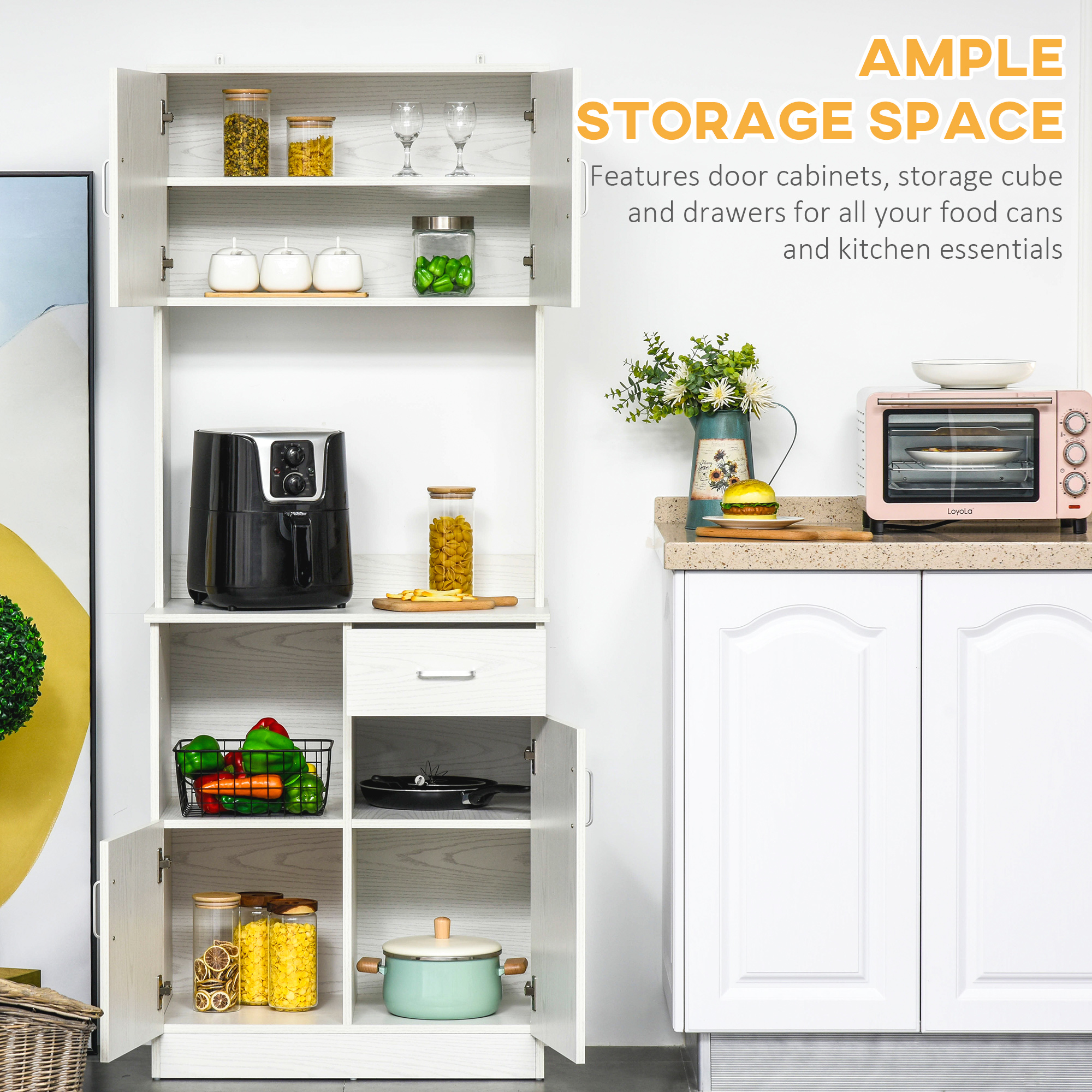 HOMCOM Freestanding Kitchen Cupboard, Modern Kitchen Storage Cabinet with Doors, Microwave Counter and Adjustable Shelves, White 5