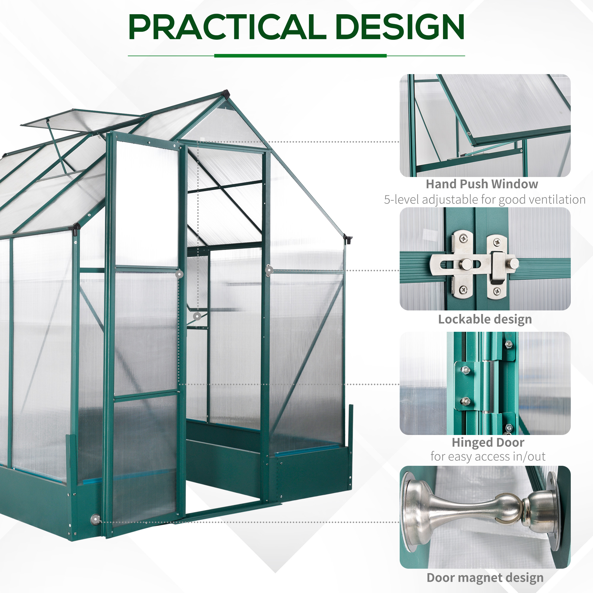 Outsunny 6x8 FT Polycarbonate Greenhouse with Base and Raised Bed, Walk-in Greenhouse with Aluminium Frame, Temperature Controlled Window, Foundation for Plants, Flowers, Vegetable 5