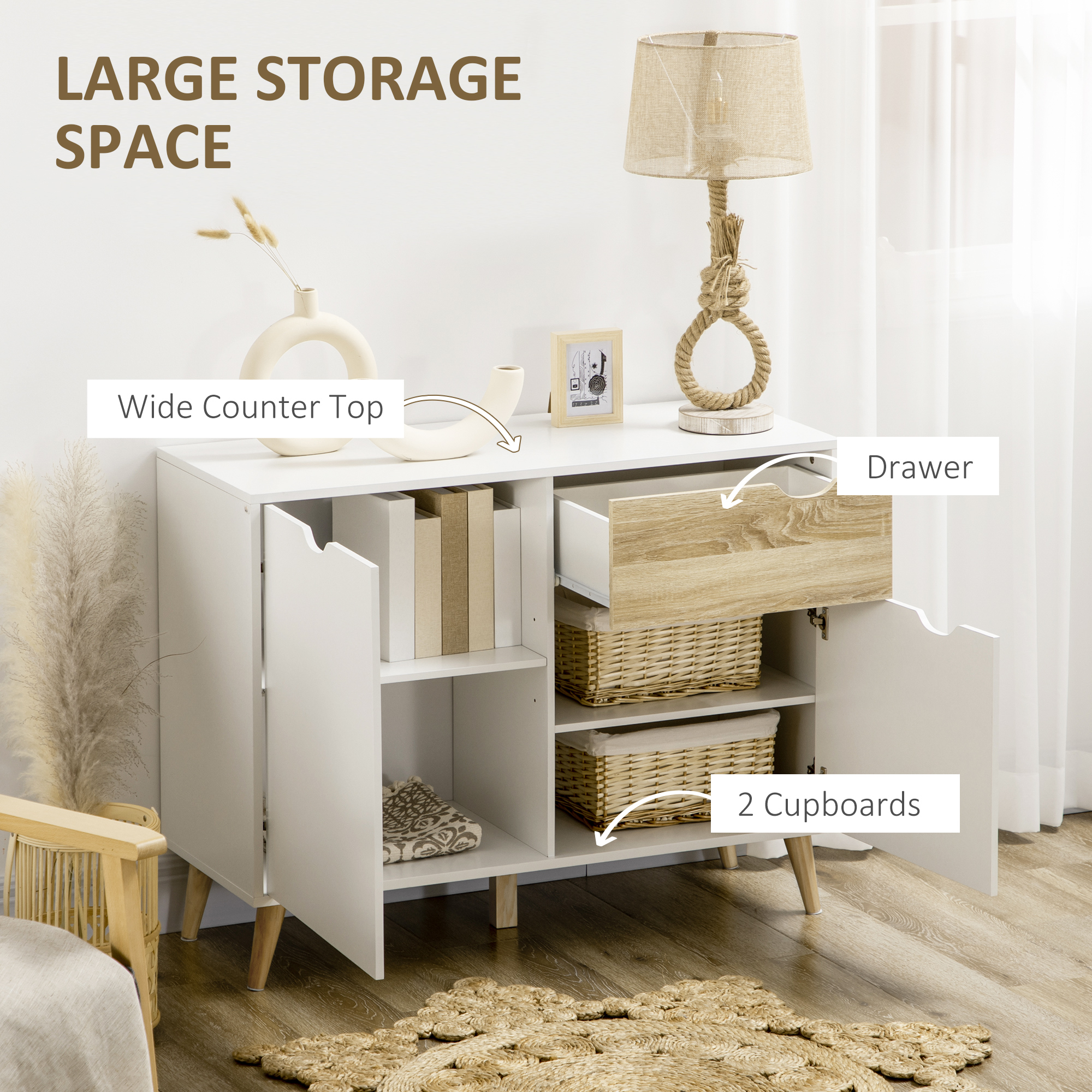HOMCOM Modern Sideboard Storage Cabinet, Free Standing Accent Cupboard with Drawer, 2 Doors for Bedroom, Living Room, Hallway, White 4