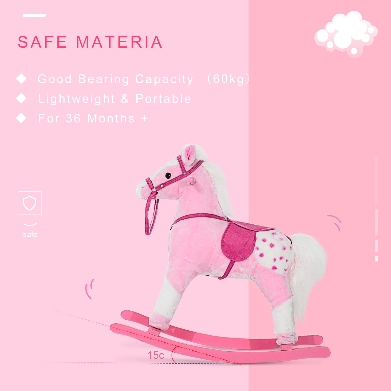 HOMCOM Baby Rocking Horse Plush Ride on Animals Rocker with Sound Handle Grip for Kids 3-6 Years Pink 4