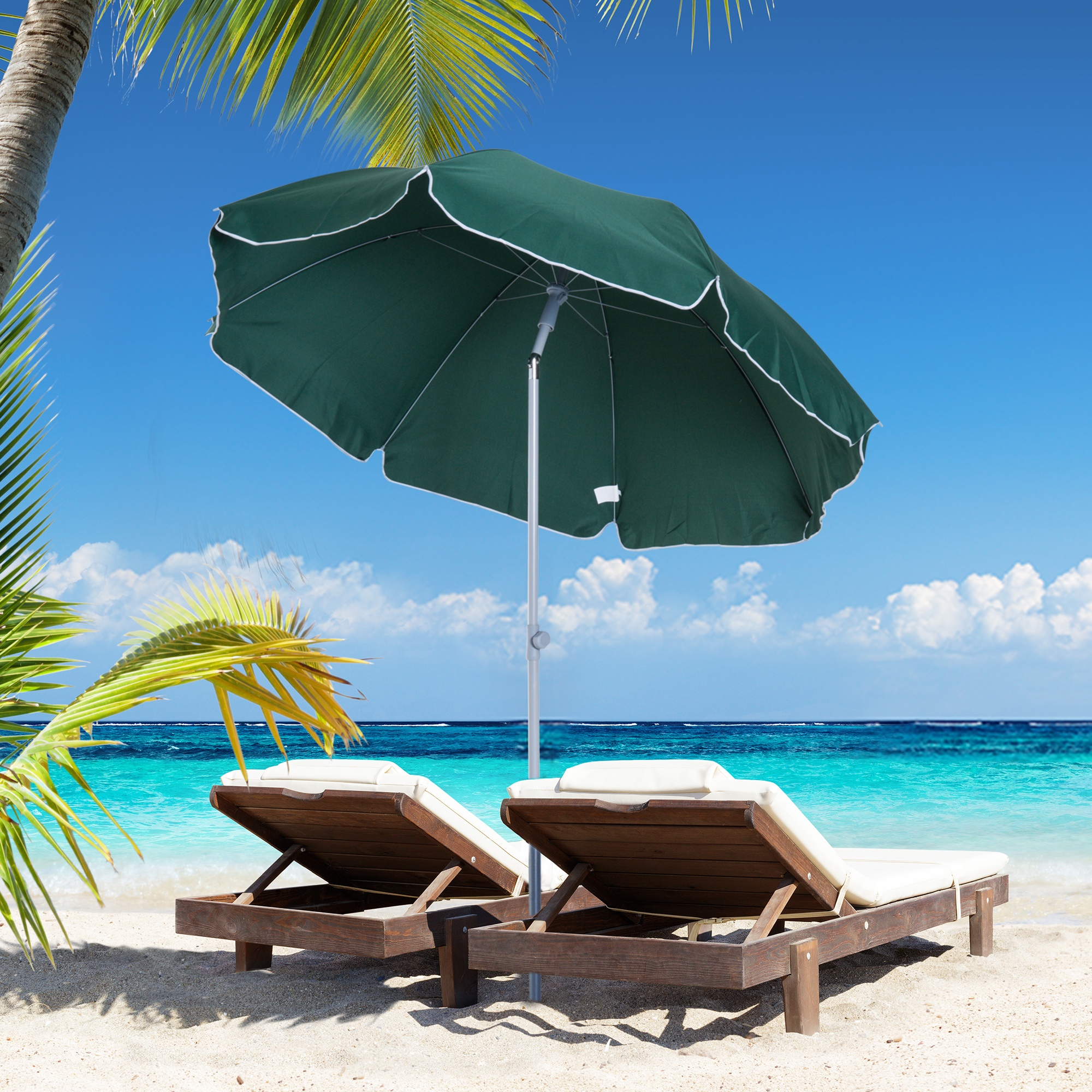 Outsunny 2.2m Beach Umbrella, Portable Parasol with Tilting Function, Outdoor Sunshade Shelter with 8 Ribs, Green 2
