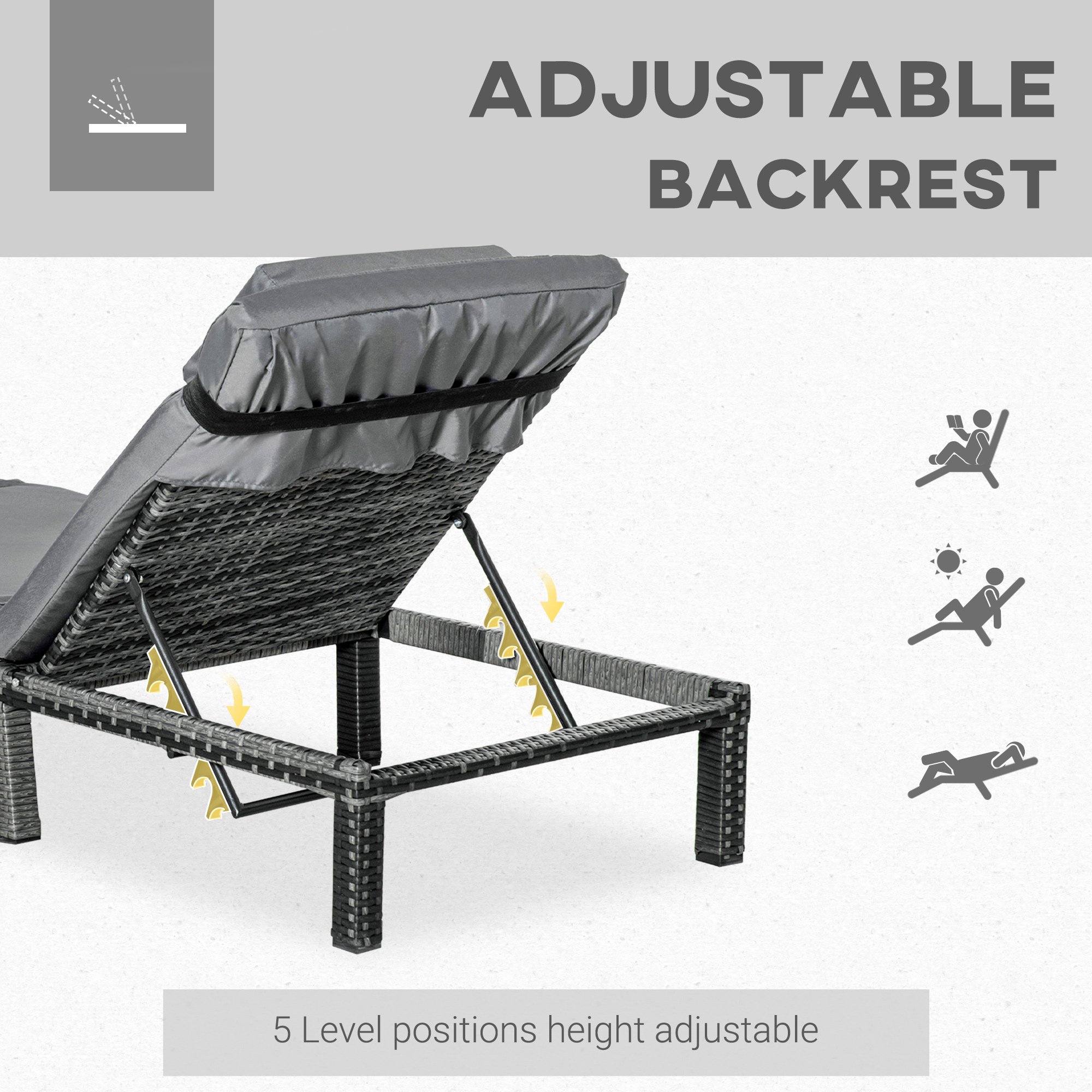 Outsunny Rattan Sun Lounger, 5-Level Adjustable Garden Lounger Recliner with Cushion and Headrest, Outdoor Reclining Sunbed, Steel Frame Garden Chair for Patio, Beach, Terrace, Dark Grey 4