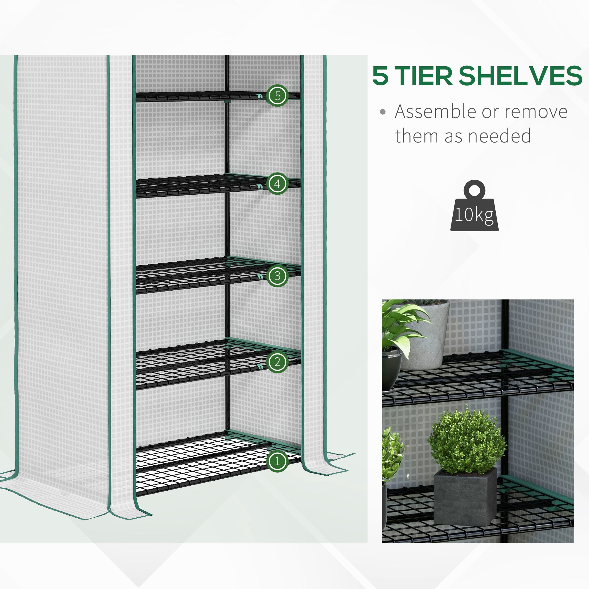 Outsunny 5 Tier Widened Mini Greenhouse with Reinforced PE Cover, Portable Indoor Outdoor Green House with Roll-up Door and Wire Shelves, 193H x 90W x 49Dcm, White 5