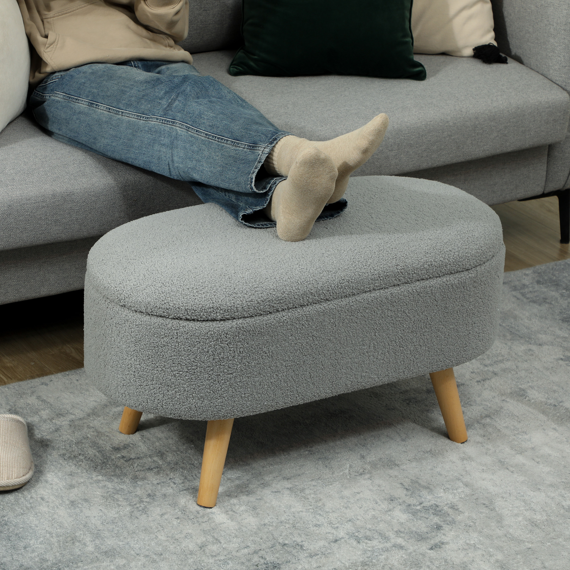 HOMCOM Teddy Fleece Storage Ottoman Grey 7