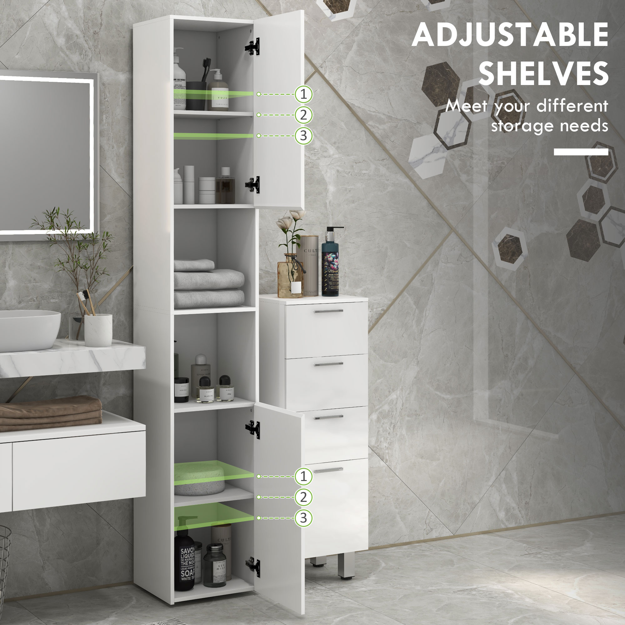 kleankin Multi-Storage Slim Bathroom Cabinet High Gloss White 5