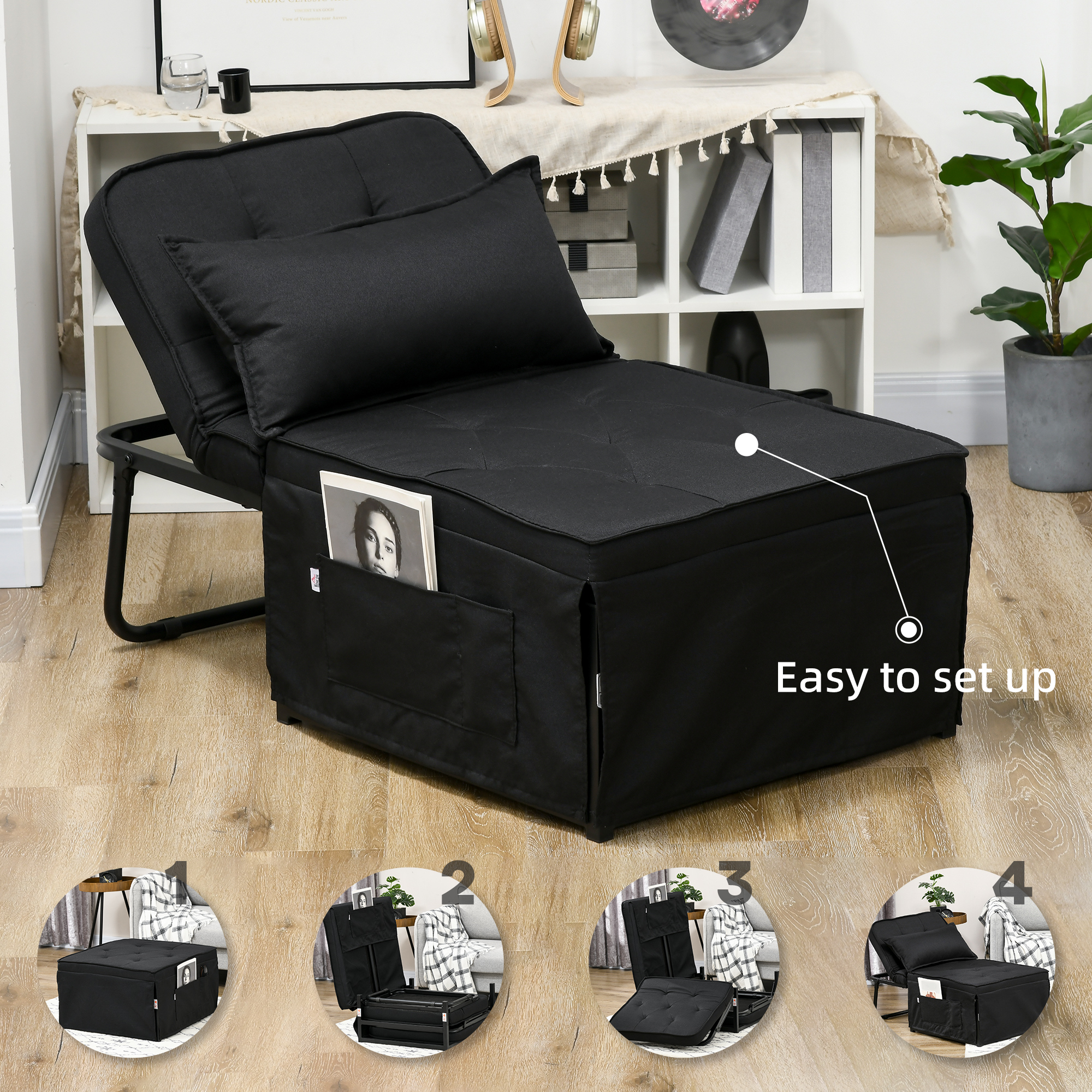 HOMCOM Fabric Sleeper Chair, Folding Chair Bed with Adjustable Backrest, Pillow, Side Pockets for Living Room, Black 6