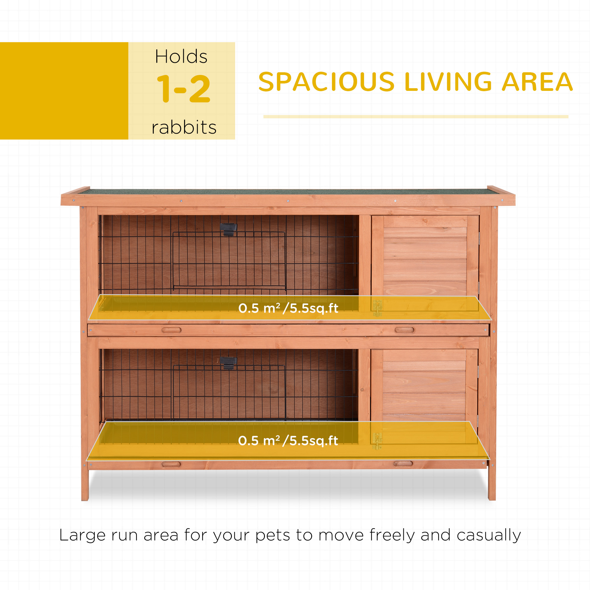 PawHut Rabbit Hutch Outdoor Guinea Pig Hutch Bunny Cage with No-Leak Trays, Divider, 136 x 50 x 93cm, Orange 4