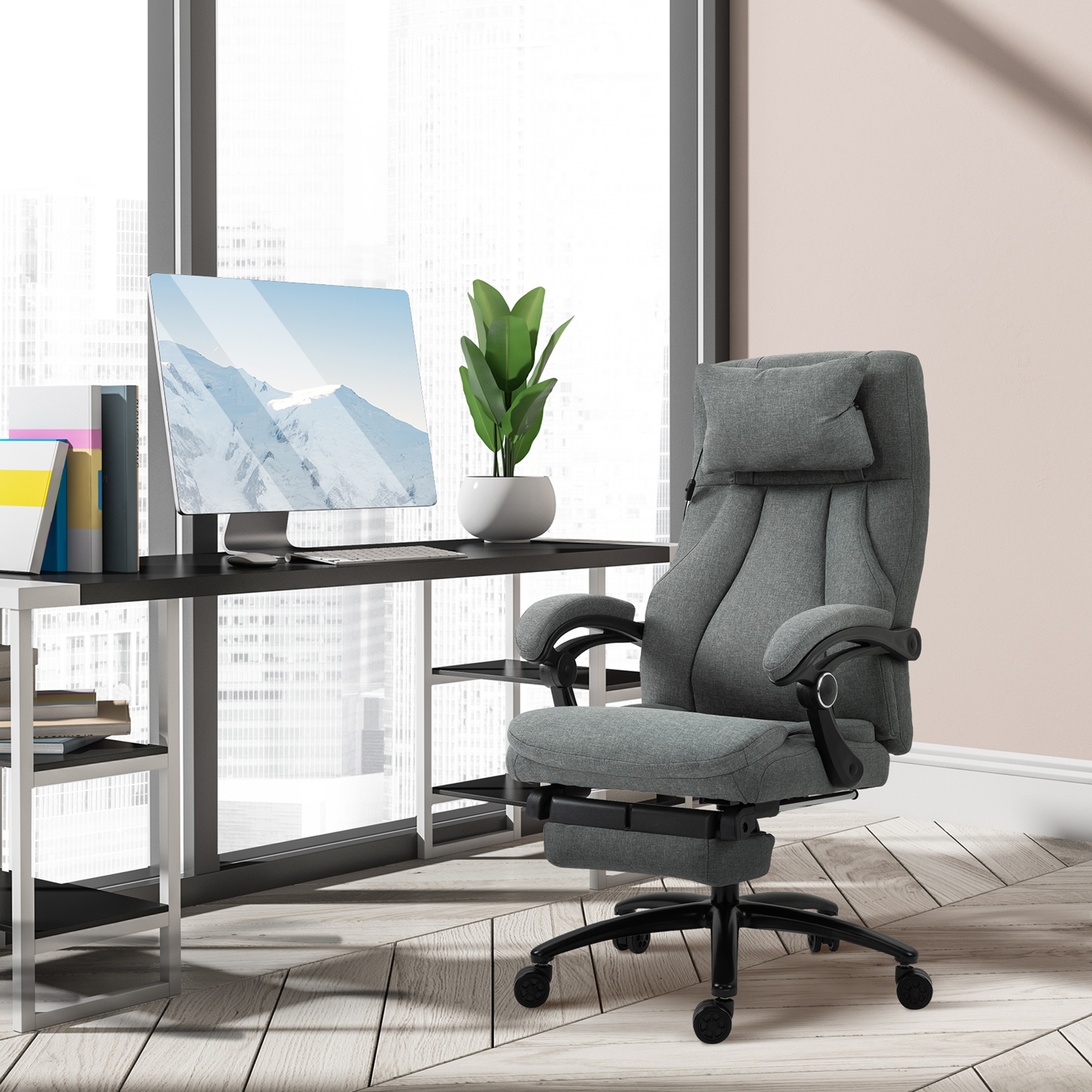 Vinsetto Office Chair, Fabric Desk Chair with Adjustable Massage Pillow, USB Power and Retractable Footrest, High Back, 360° Swivel, for Home, Grey 2
