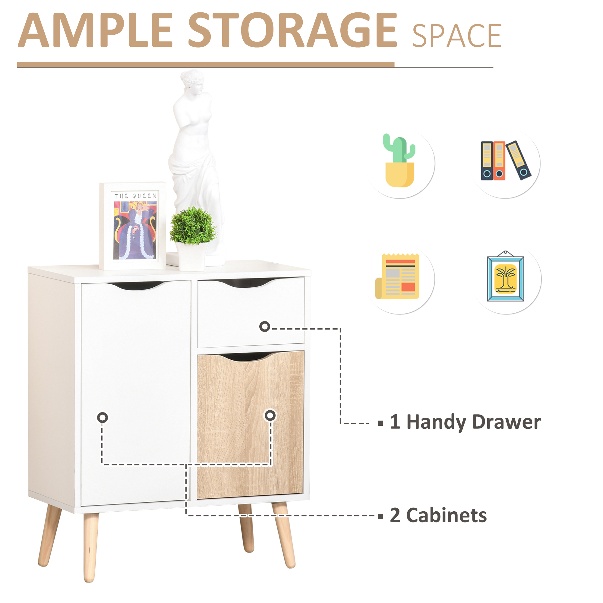 HOMCOM Sideboard Floor Cabinet Storage Cupboard with Drawer and Solid Wood Legs for Bedroom, Living Room, Entryway, Brown 5