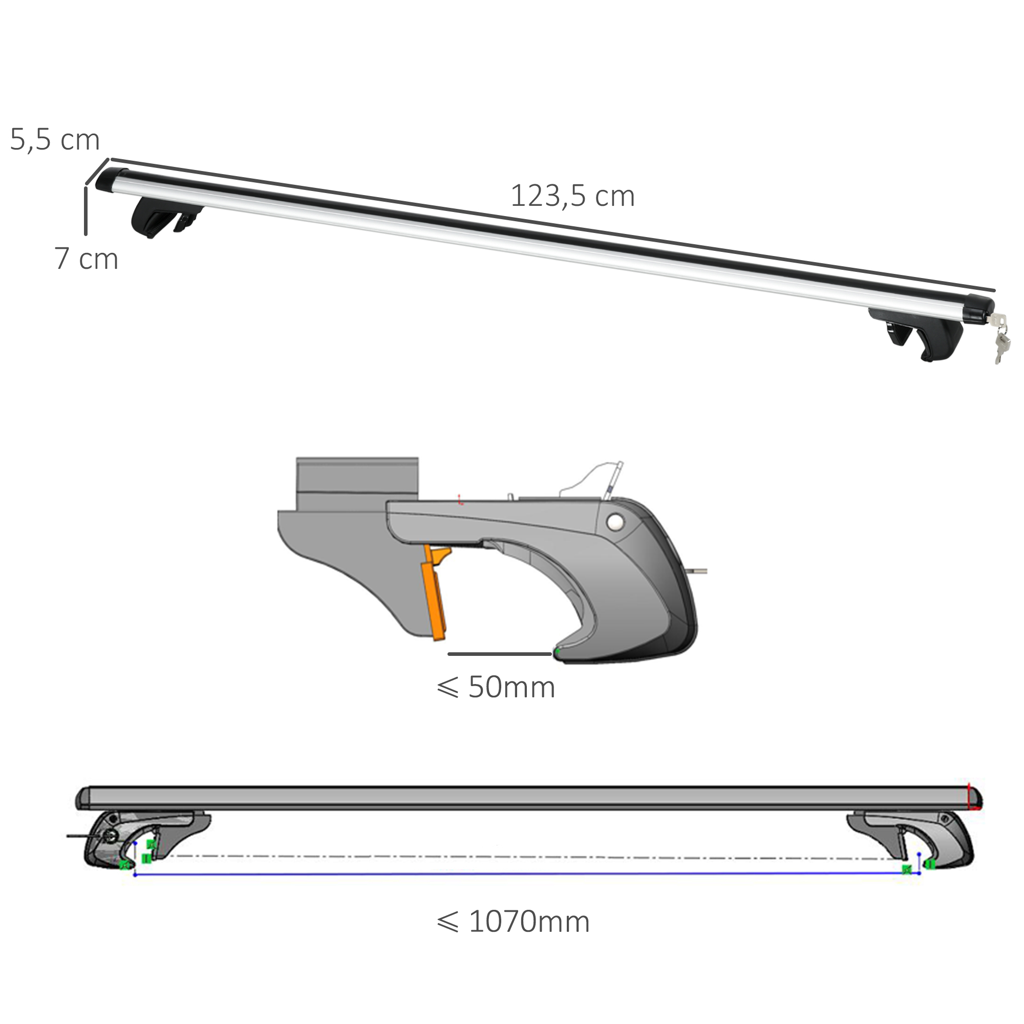 Barres De Toit Universelles Avec Serrure 110cm Aluminium - Charge 75kg, Sans Perçage, Pour Voitures 4/5 Portes, Avec Tendeur à Cliquet Et 2 Clés (Lot De 2)