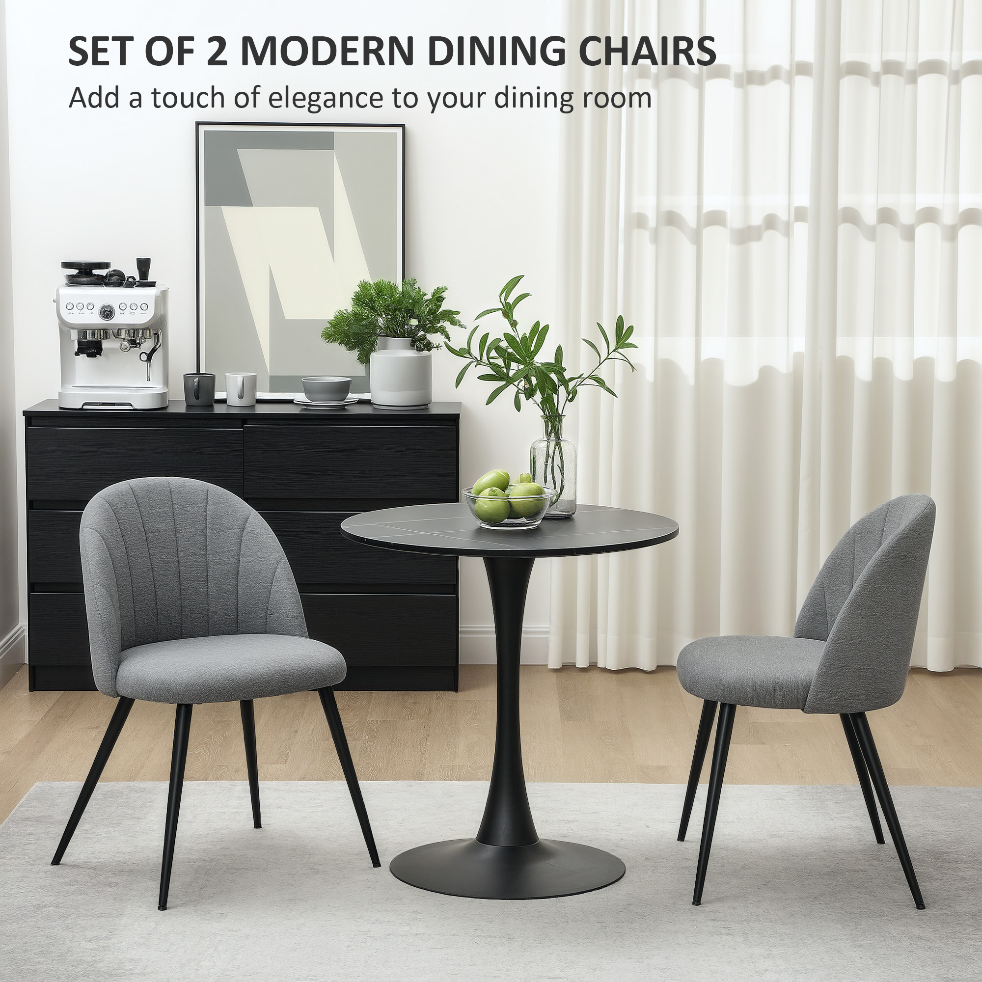 HOMCOM Dining Chairs Set of 2, Modern Upholstered Kitchen Chairs with Metal Legs, Shell Backrest and Padded Seat for Dining Room, Bedroom, Living Room, Vanity, Grey 4