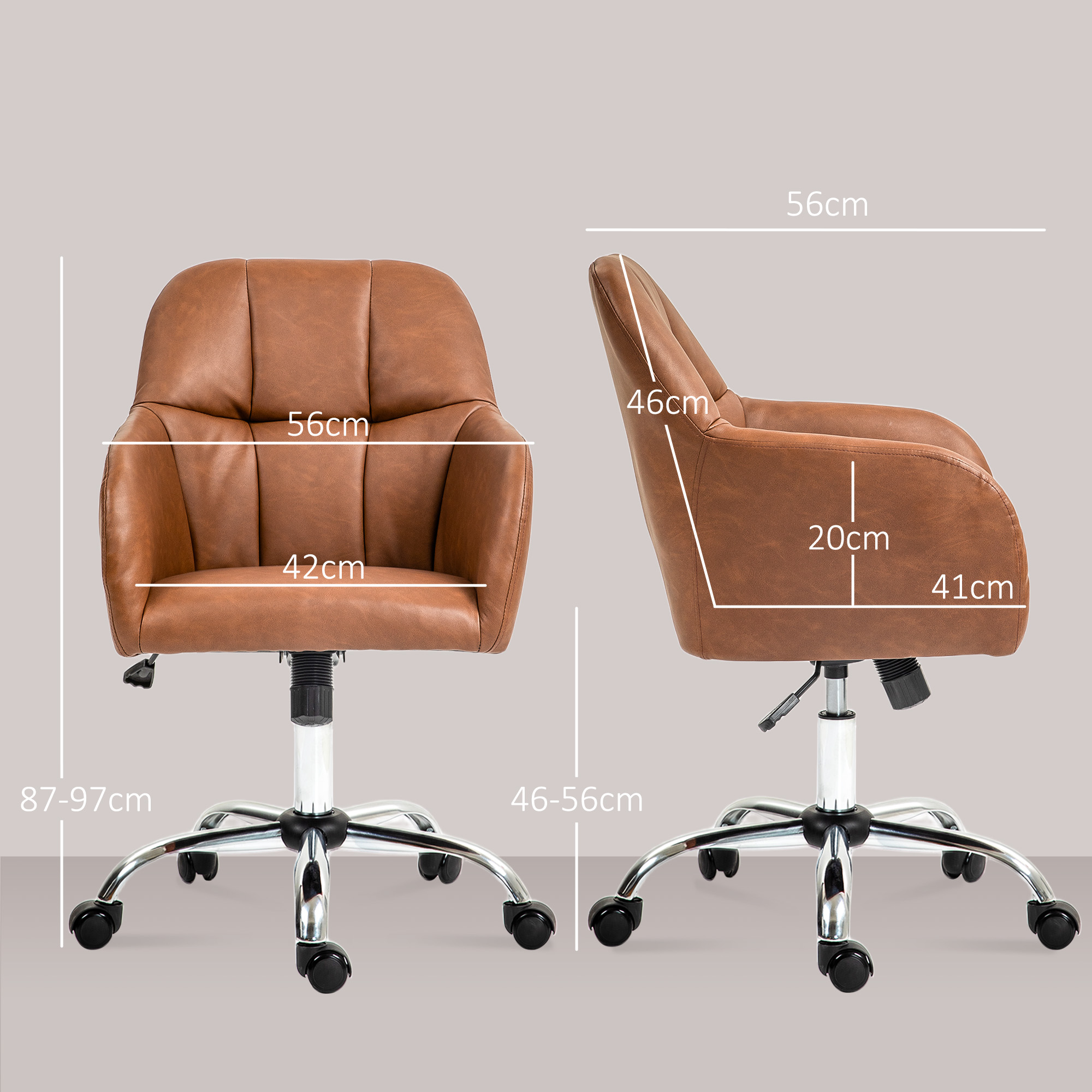 HOMCOM Faux Leather Tub Office Chair, with Wheels Brown 3