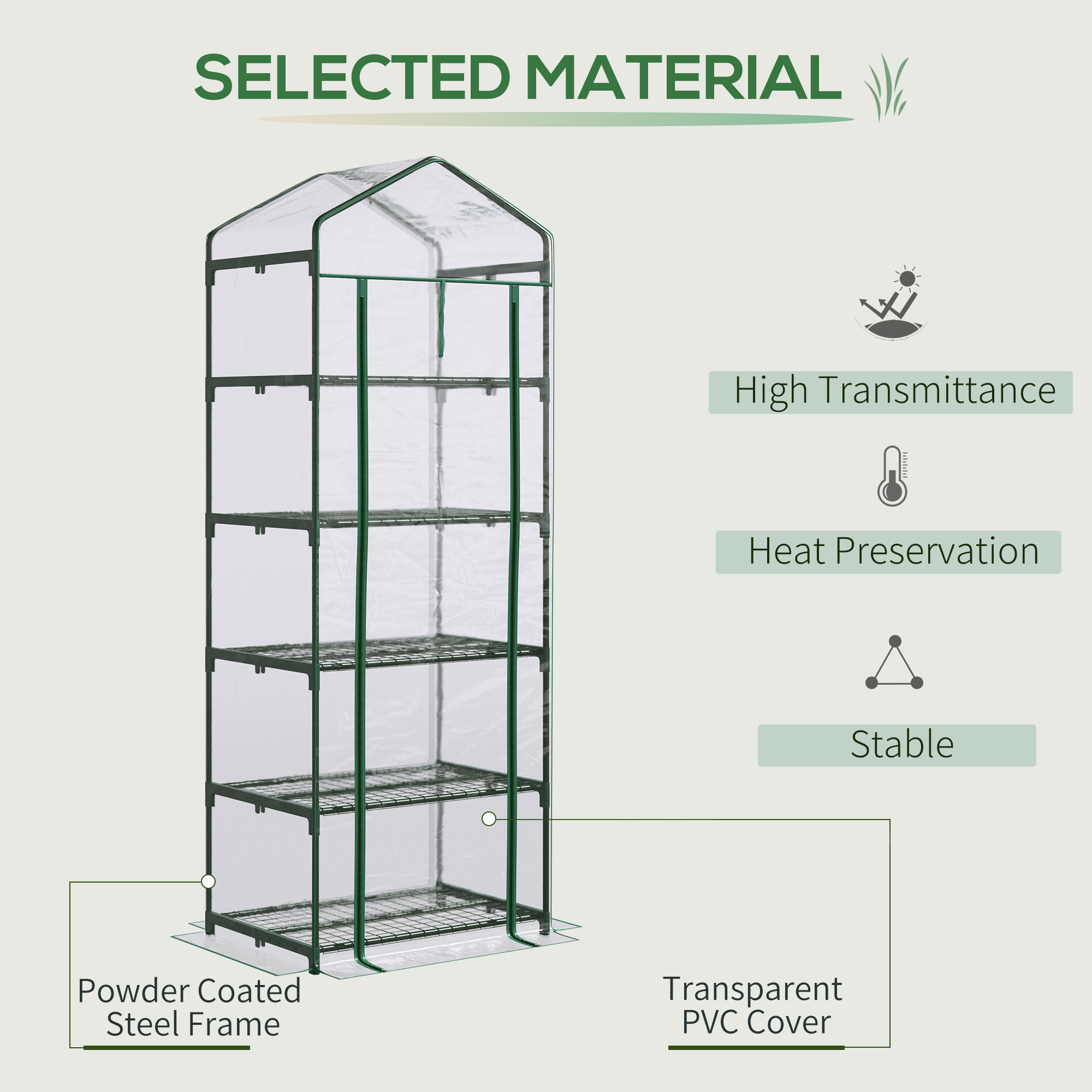 Outsunny 5 Tier Mini Greenhouse, Small Walk-in Greenhouse with Reinforced Plastic Cover, Garden Grow House with Roll Up Door and Shelves, 69 x 49 x 193cm, Green 4
