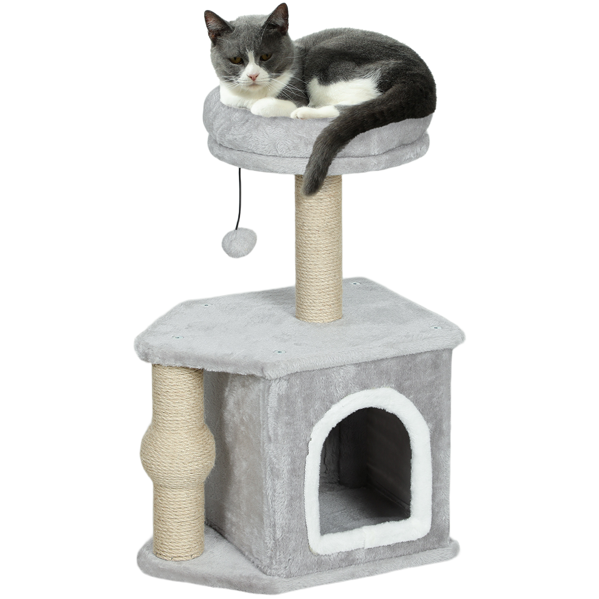 PawHut Árbol para Gatos Altura 66 cm Torre para Gatos con Cama Cueva Plataforma Bola Colgante y Poste de Yute Gris Claro