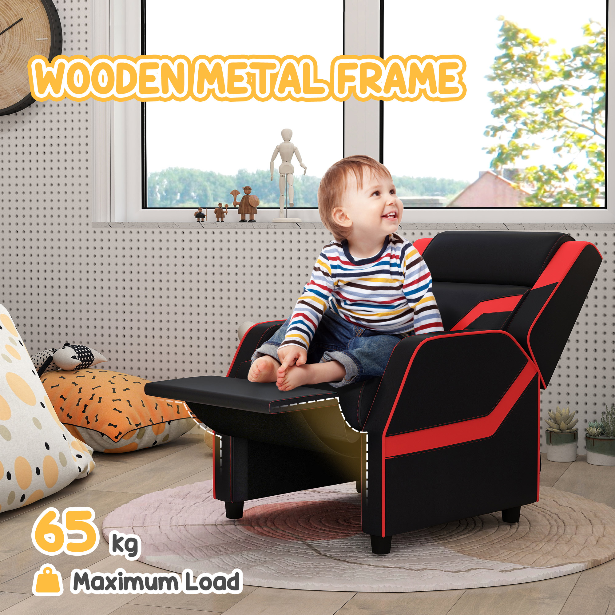 AIYAPLAY 2 in 1 Kids Chair Recliner with Backrest, Armrest, Footrest, PU Leather, for 3-9 Years Old, Black 6