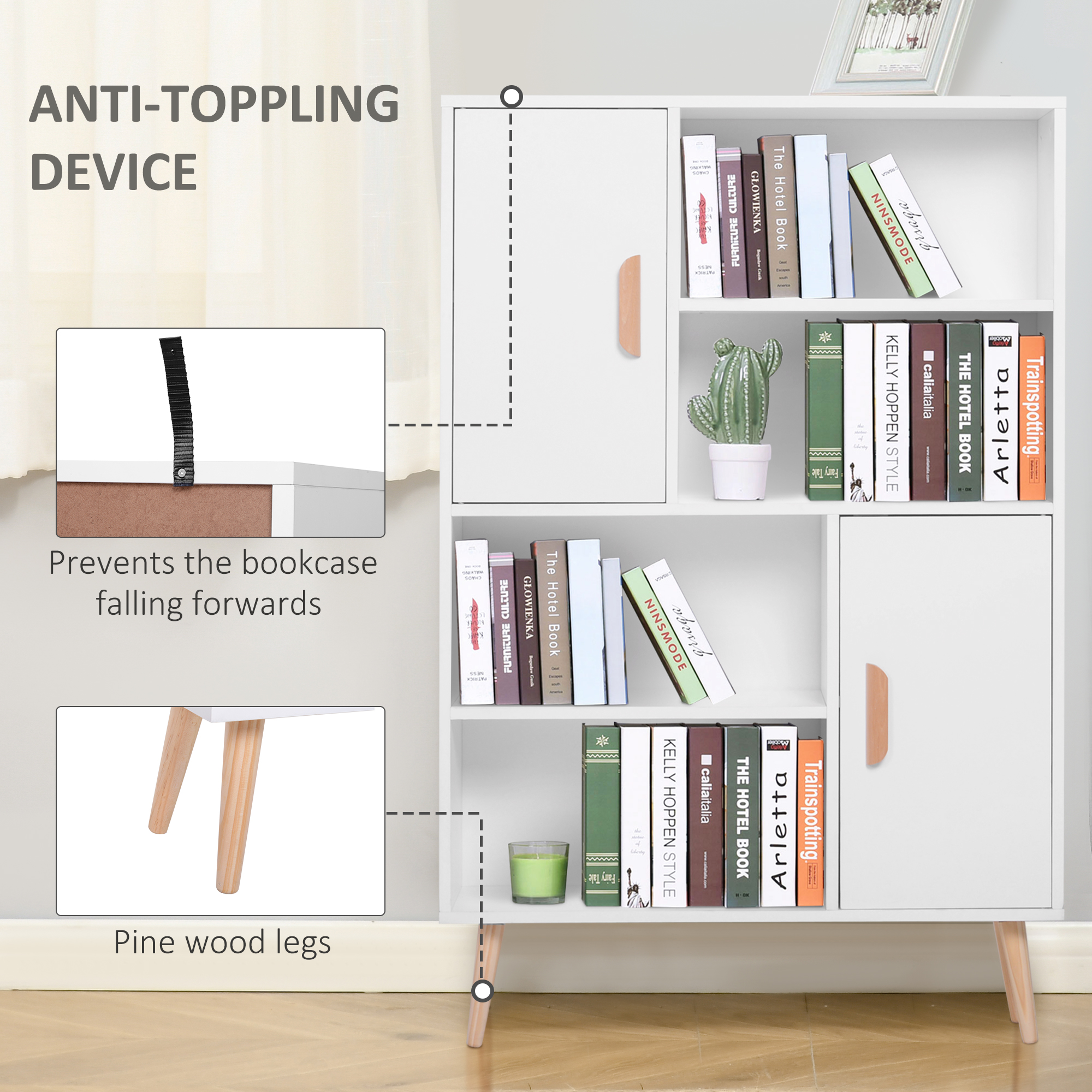 HOMCOM Sideboard Bookshelf Free Standing Bookcase Shelves Unit Display Storage Cabinet w/ Adjustable Shelves, Wooden Leg, Two Doors, White 6