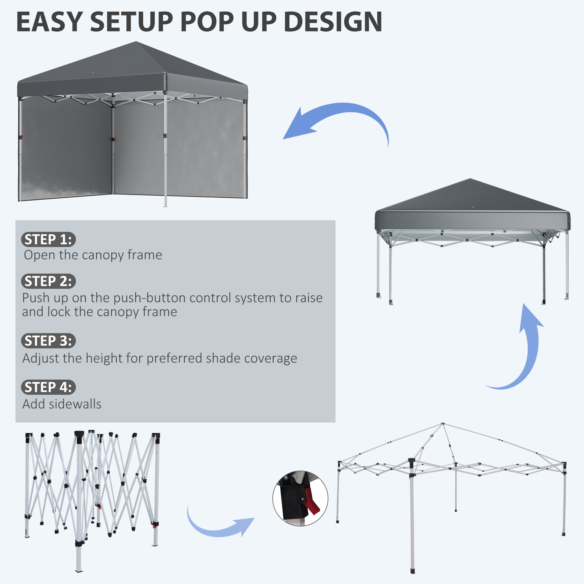 Outsunny 3 x 3 (M) Pop Up Gazebo, UPF 30+ with 2 Sidewalls, Leg Weight Bags and Wheeled Bag, Height Adjustable Party Tent Event Shelter for Garden, Patio, Dark Grey 6